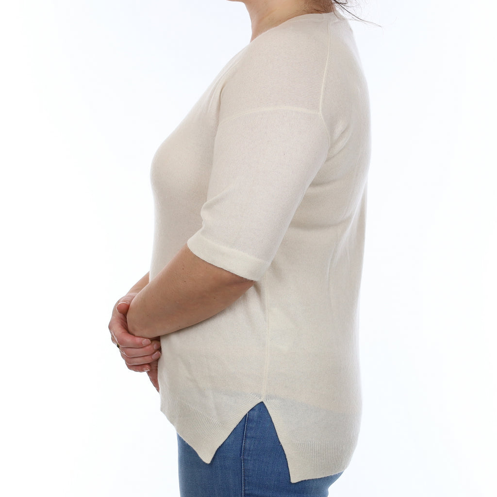 Allude Ivory Cashmere Short Sleeve V Neck Jumper Large