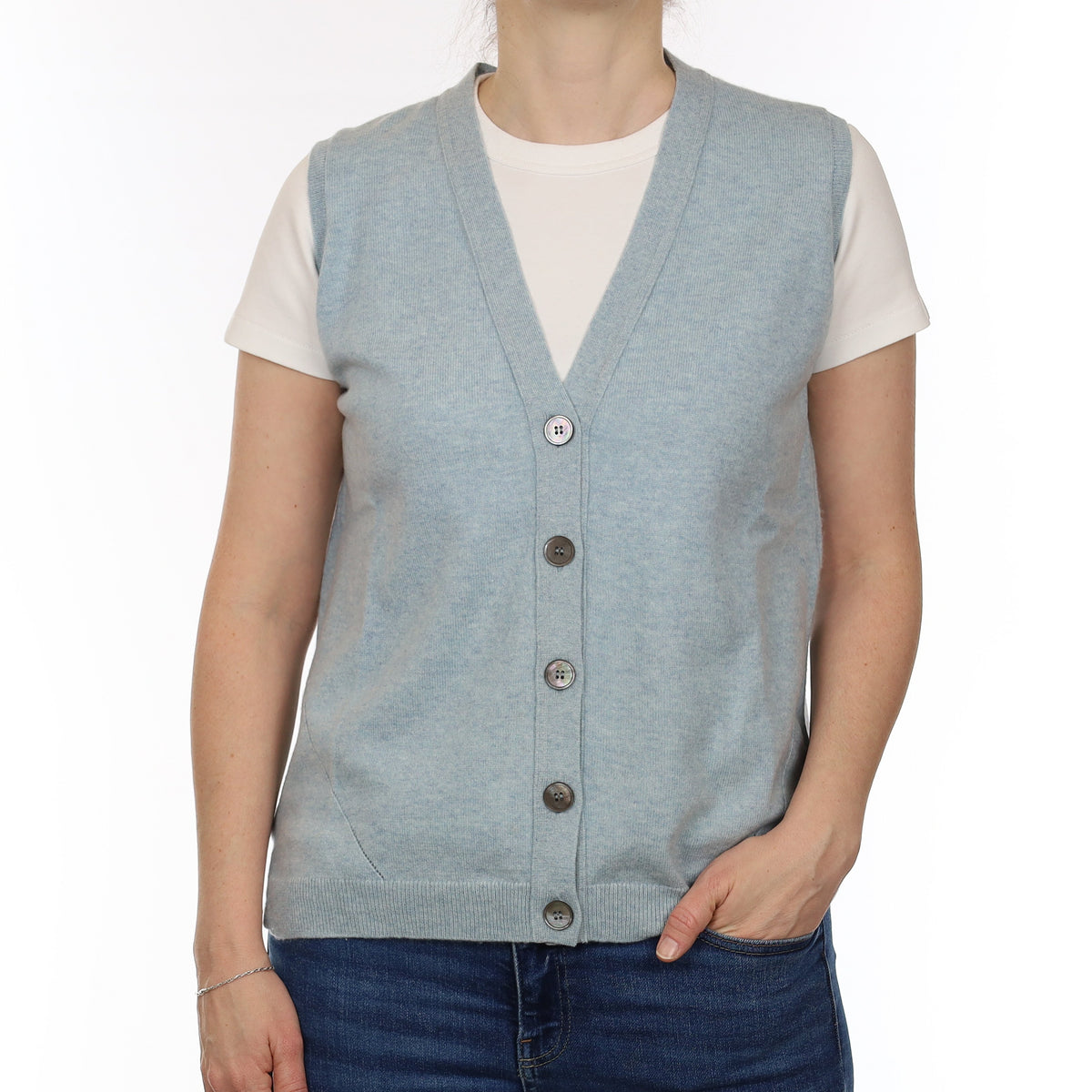 Brora Opal Blue Cashmere Slouchy V Neck Waistcoat Small