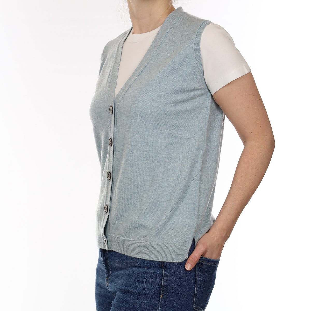 Brora Opal Blue Cashmere Slouchy V Neck Waistcoat Small