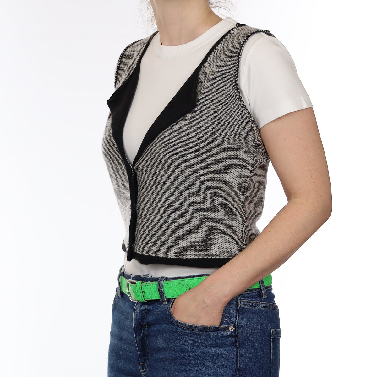 Brand New Scottish Hawico Black and Grey Cashmere Cropped Waistcoat Small