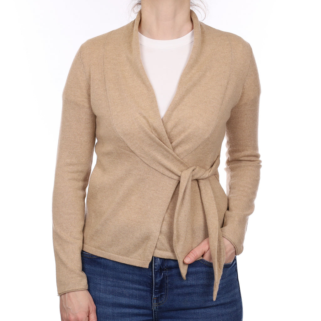 Biscuit Brown Cashmere Shawl Collar Cross Over Cardigan Small