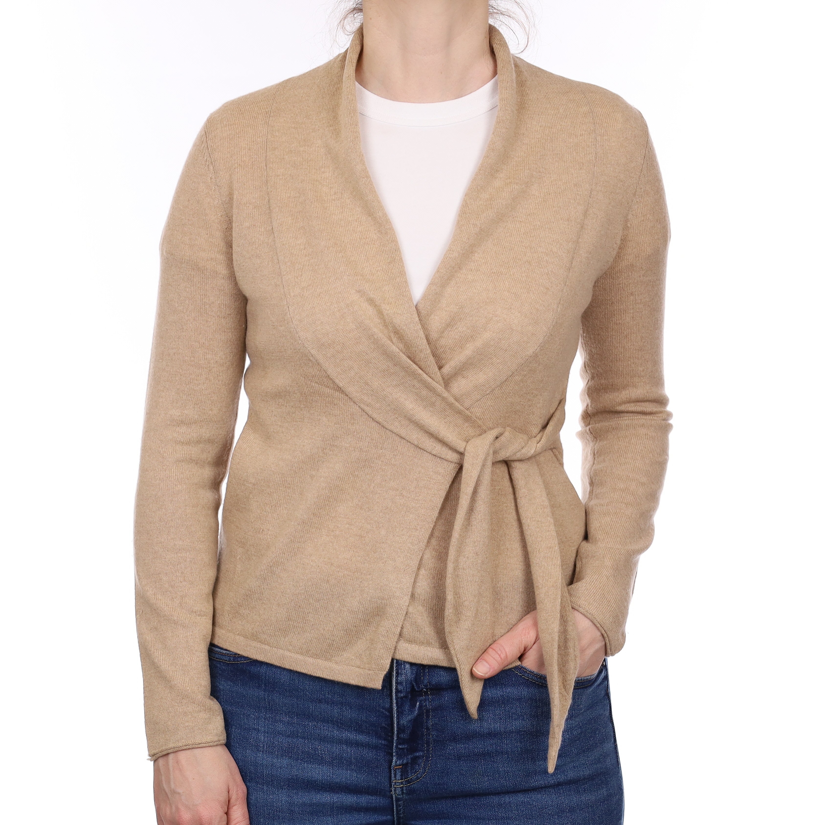 Biscuit Brown Cashmere Shawl Collar Cross Over Cardigan Small