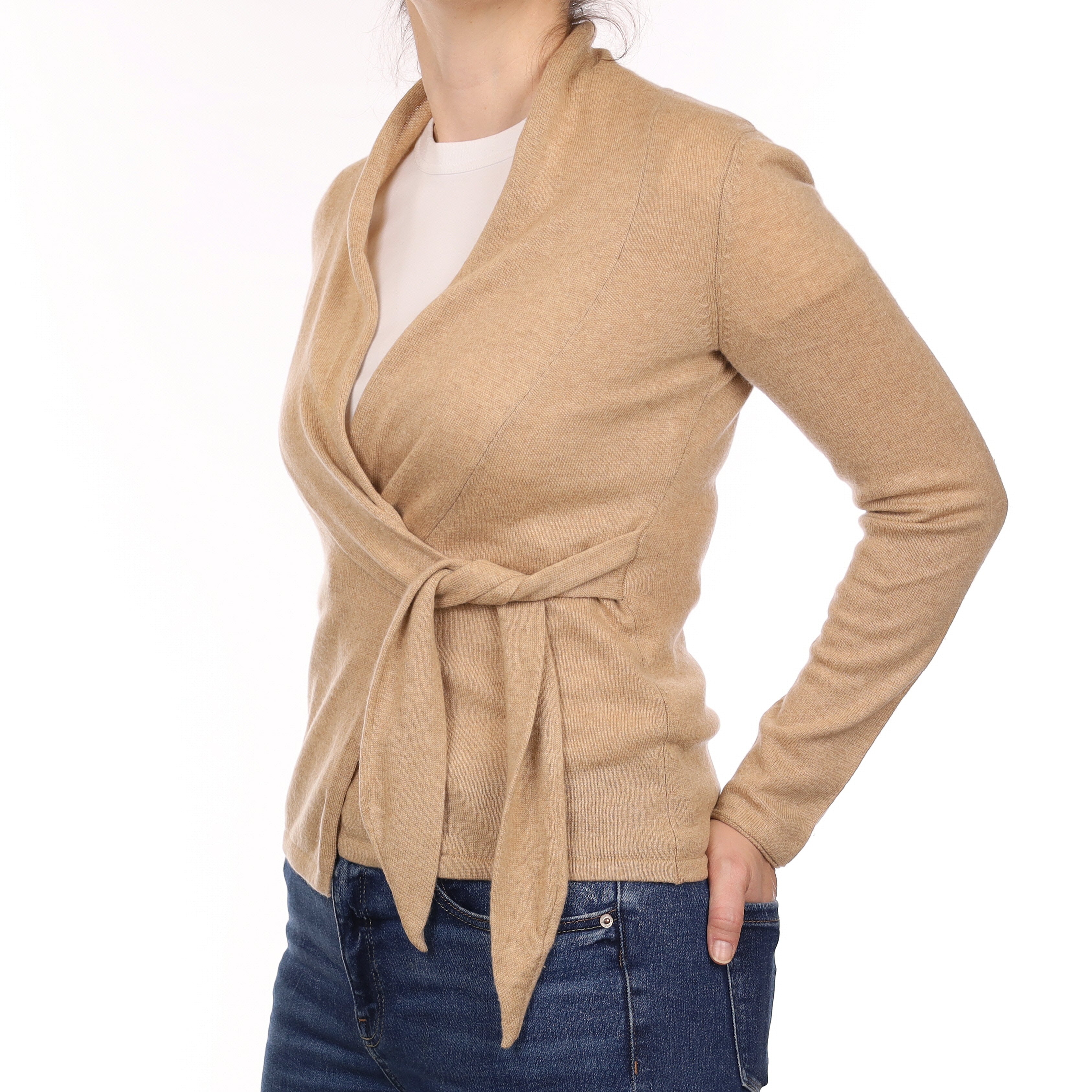 Biscuit Brown Cashmere Shawl Collar Cross Over Cardigan Small