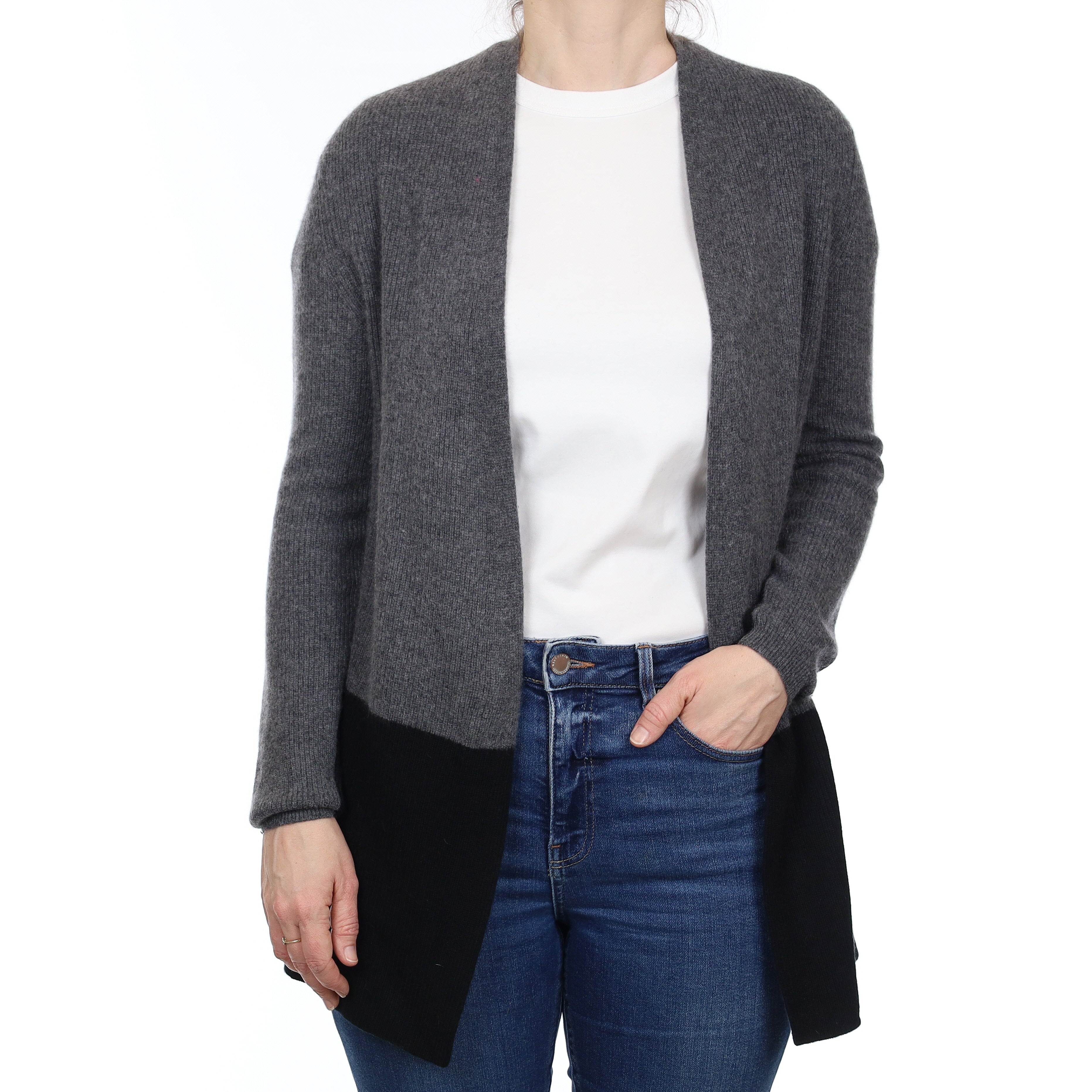 Black and Grey Rib Cashmere Edge to Edge Cardigan Small