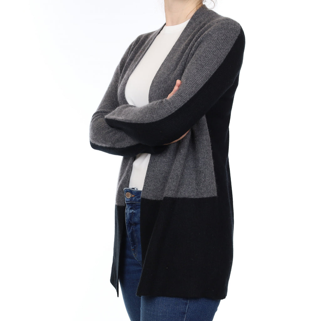 Black and Grey Rib Cashmere Edge to Edge Cardigan Small