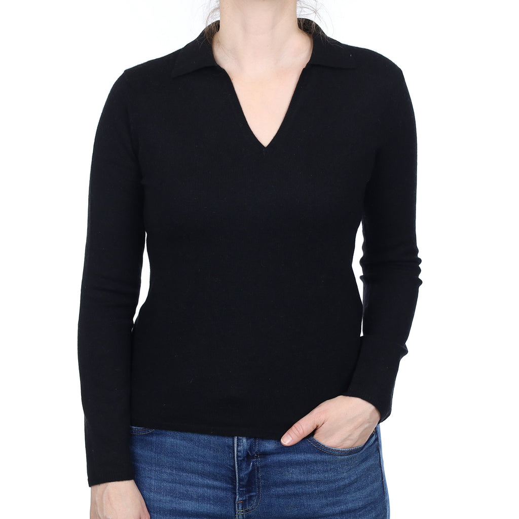 Black Cashmere Collared V Neck Jumper Small