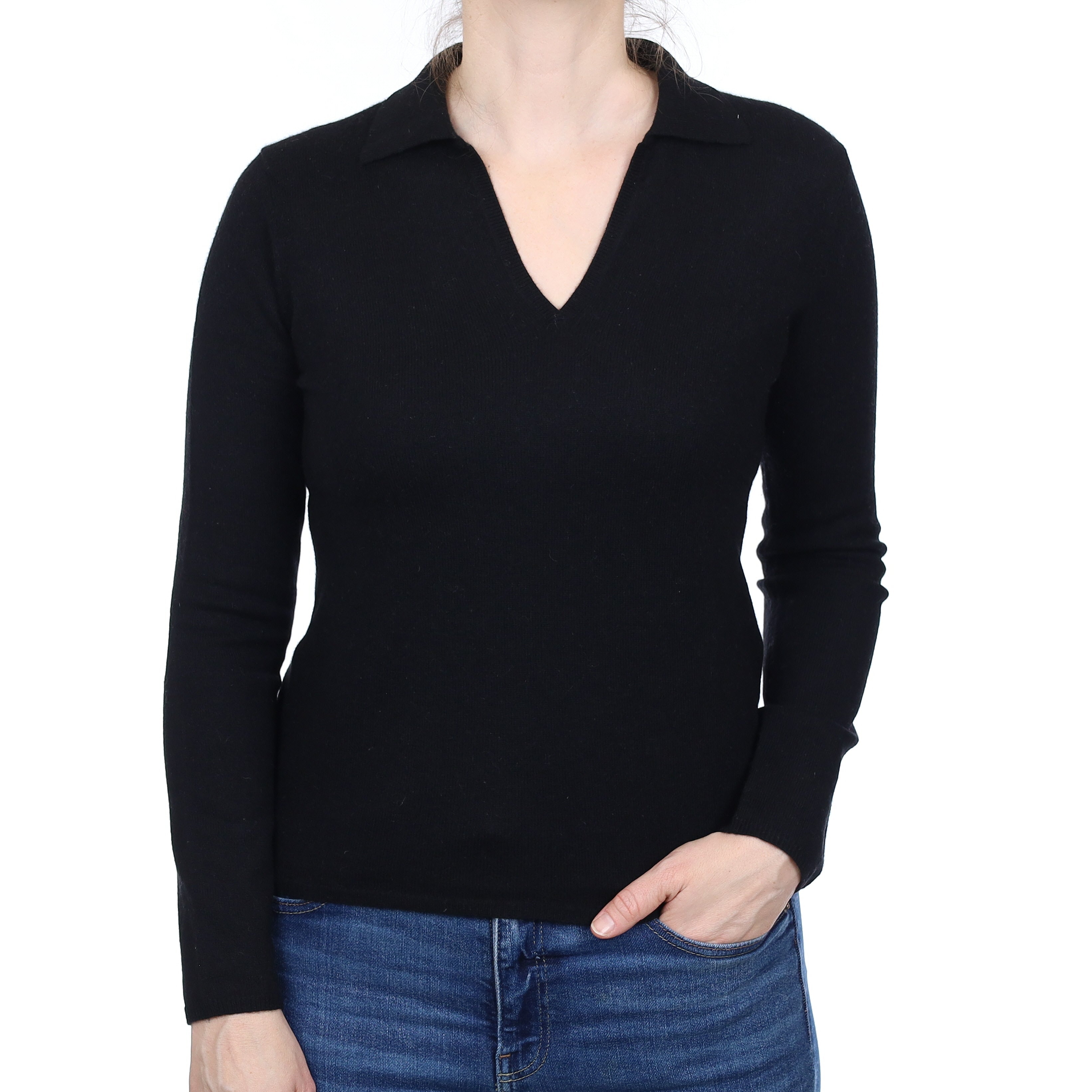 Black Cashmere Collared V Neck Jumper Small