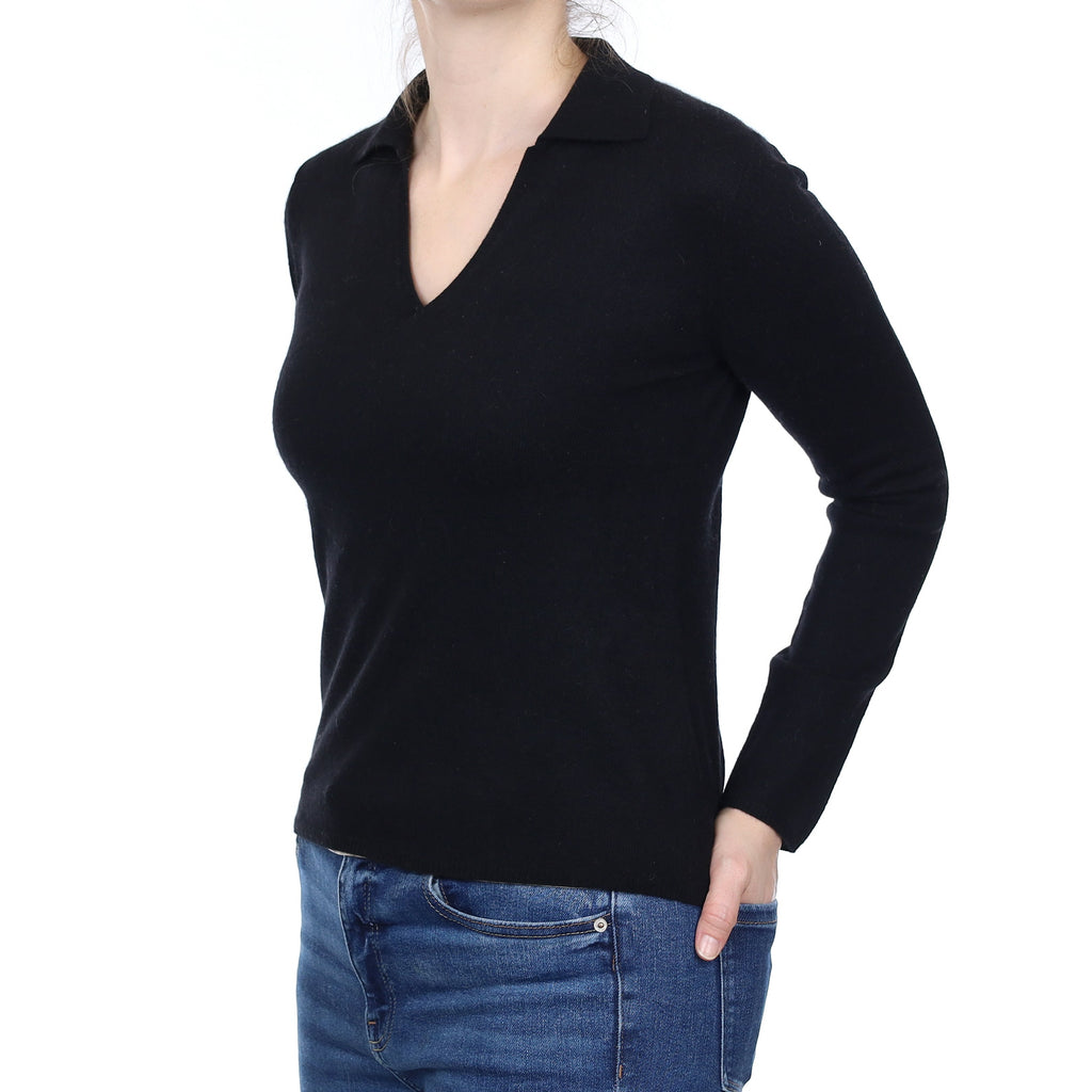 Black Cashmere Collared V Neck Jumper Small