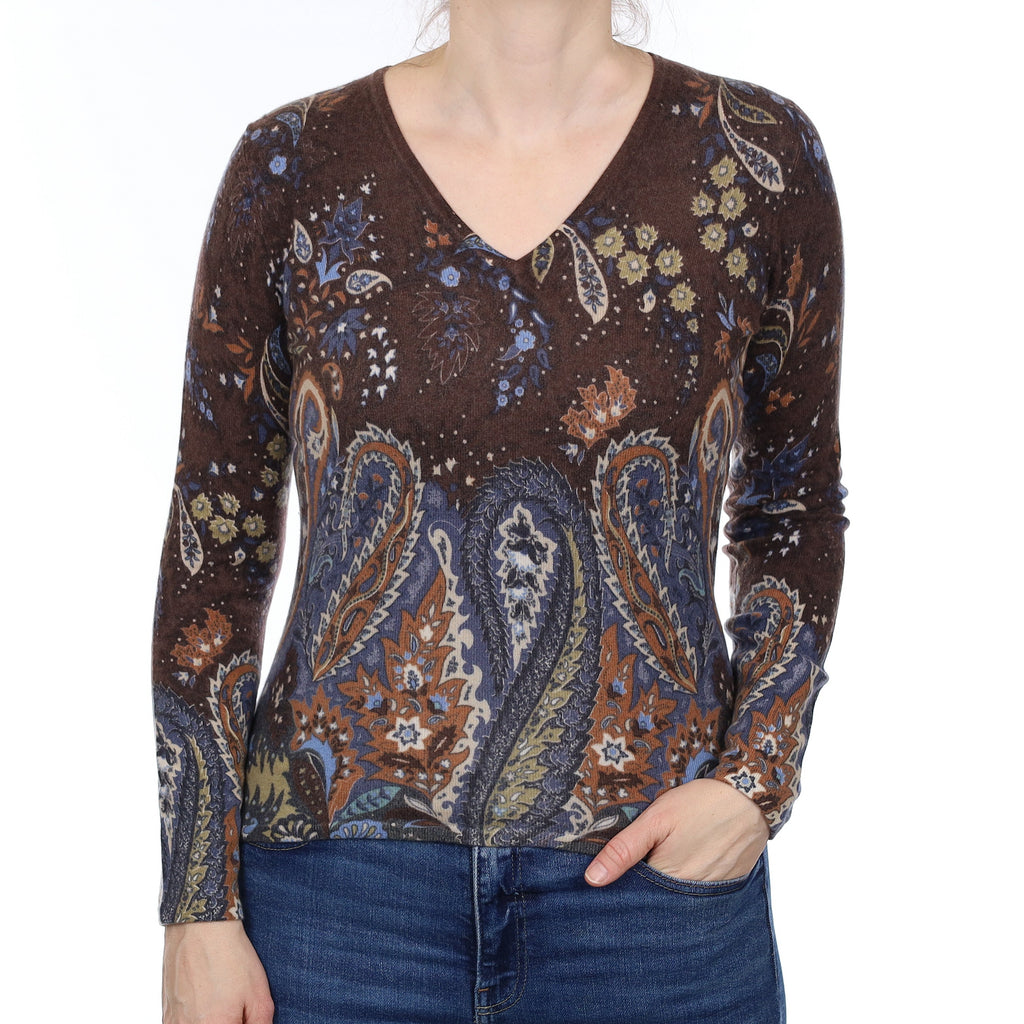 Brown and Blue Paisley Cashmere V Neck Jumper Small