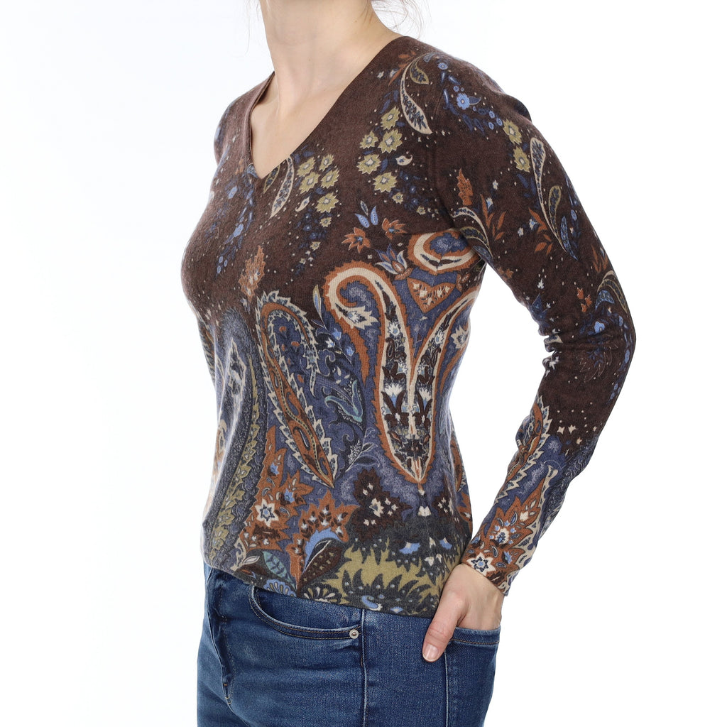 Brown and Blue Paisley Cashmere V Neck Jumper Small