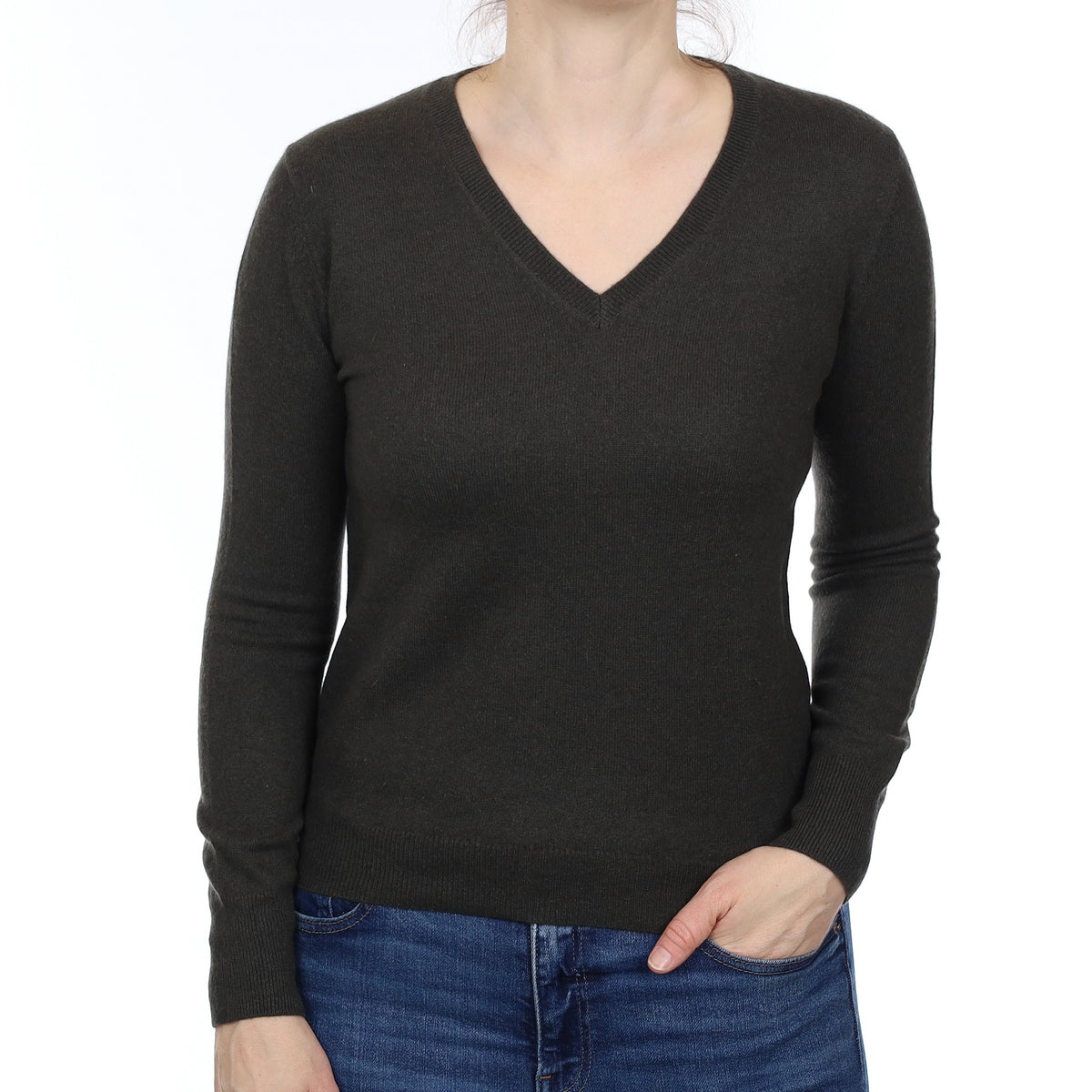 Darkest Khaki Green Cashmere V Neck Jumper Small