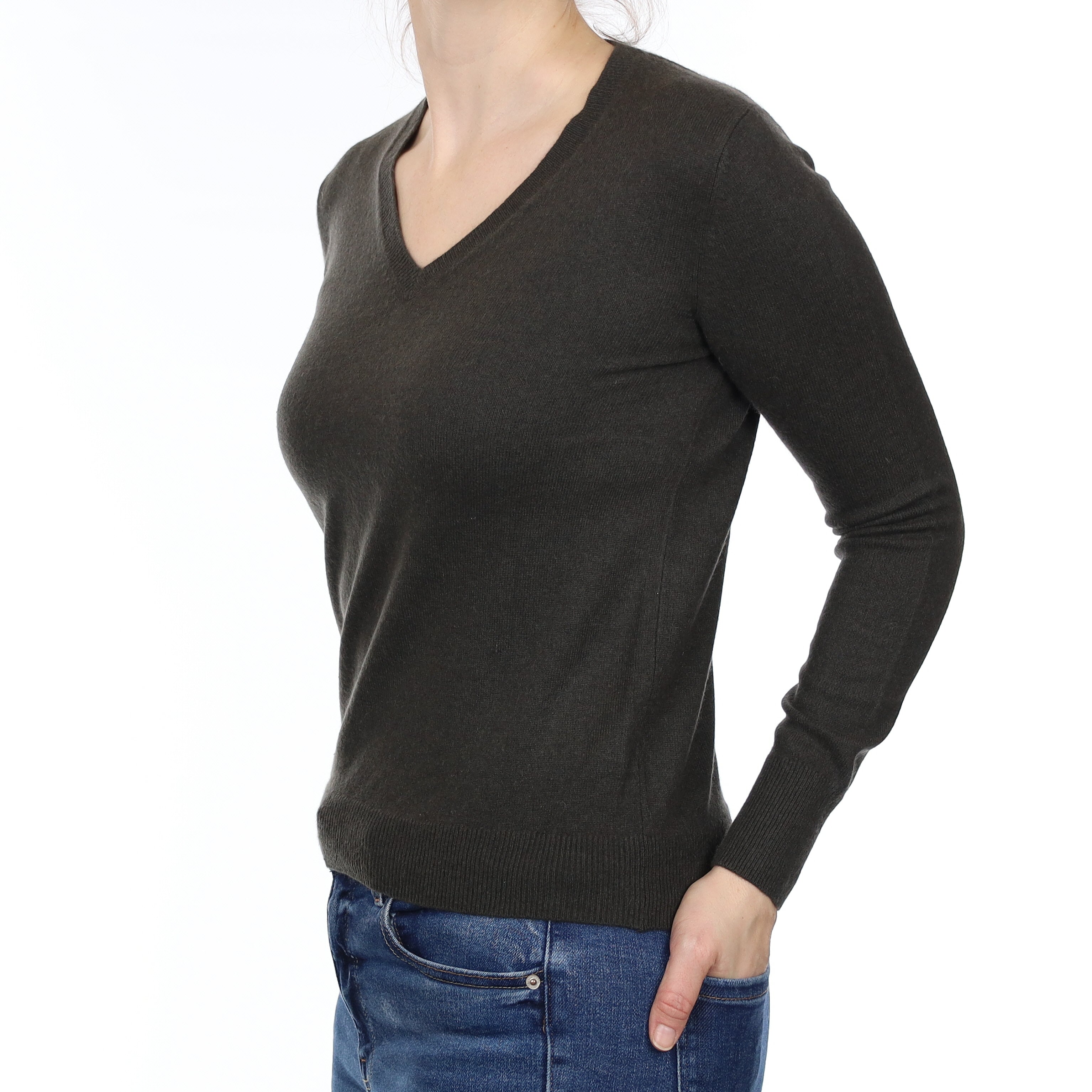 Darkest Khaki Green Cashmere V Neck Jumper Small