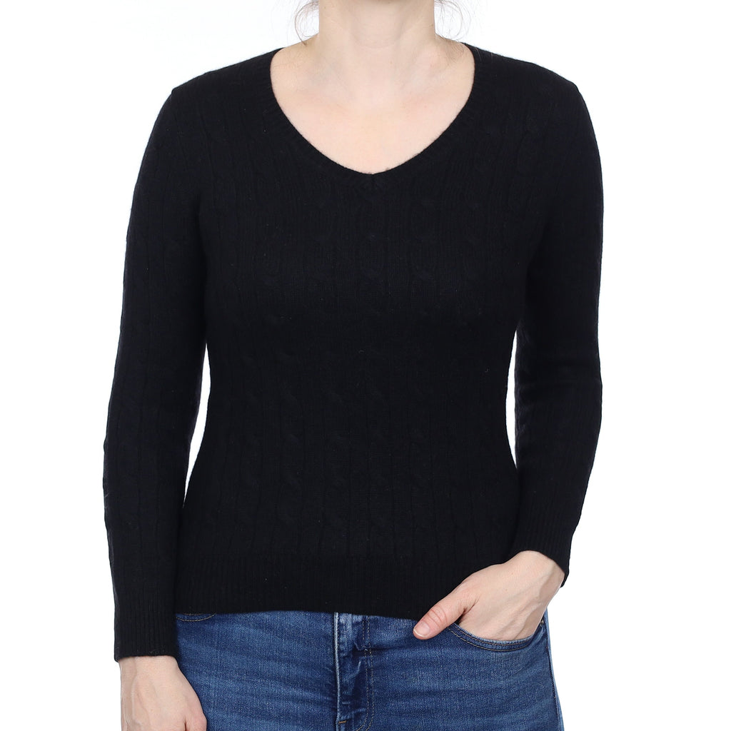 Black Cable Cashmere V Neck Jumper Small