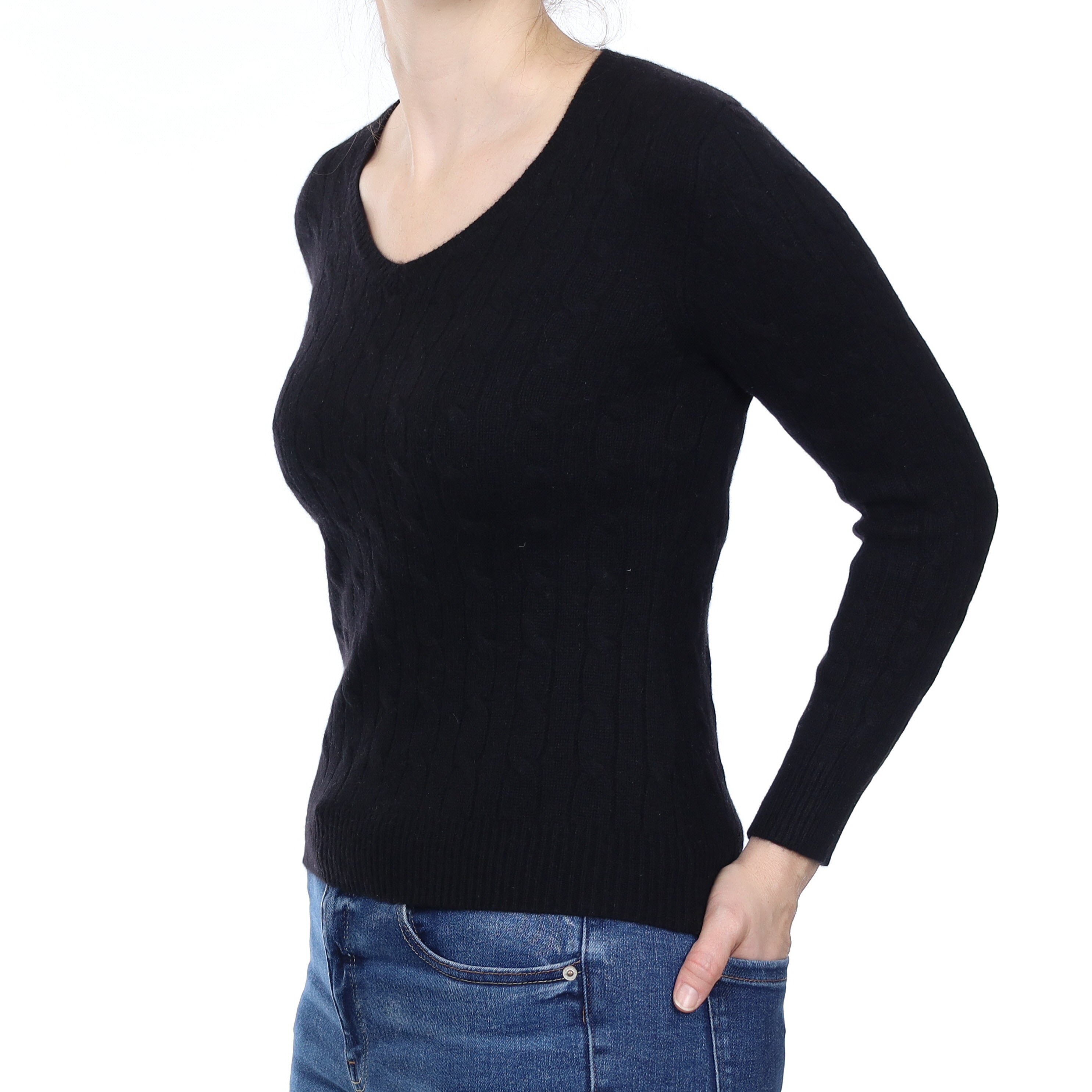 Black Cable Cashmere V Neck Jumper Small