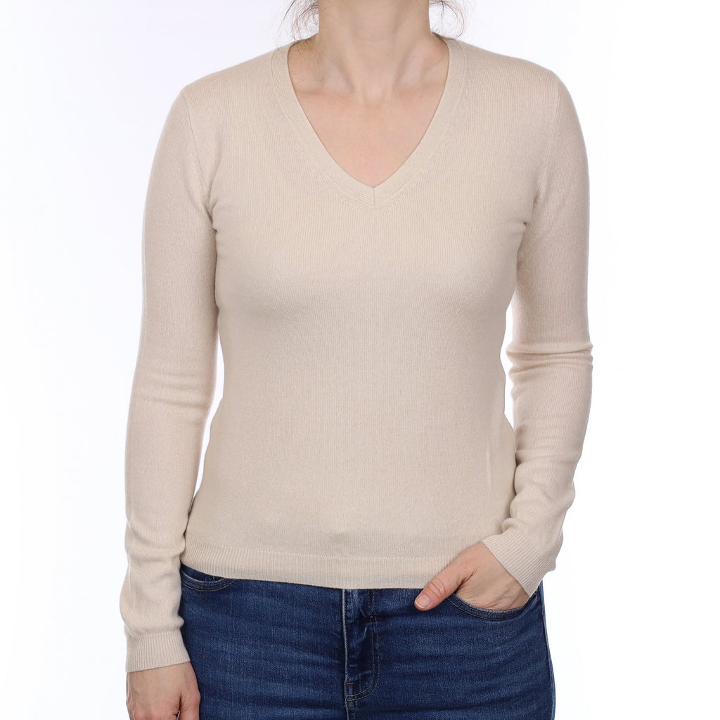 Ivory Cashmere V Neck Jumper Small
