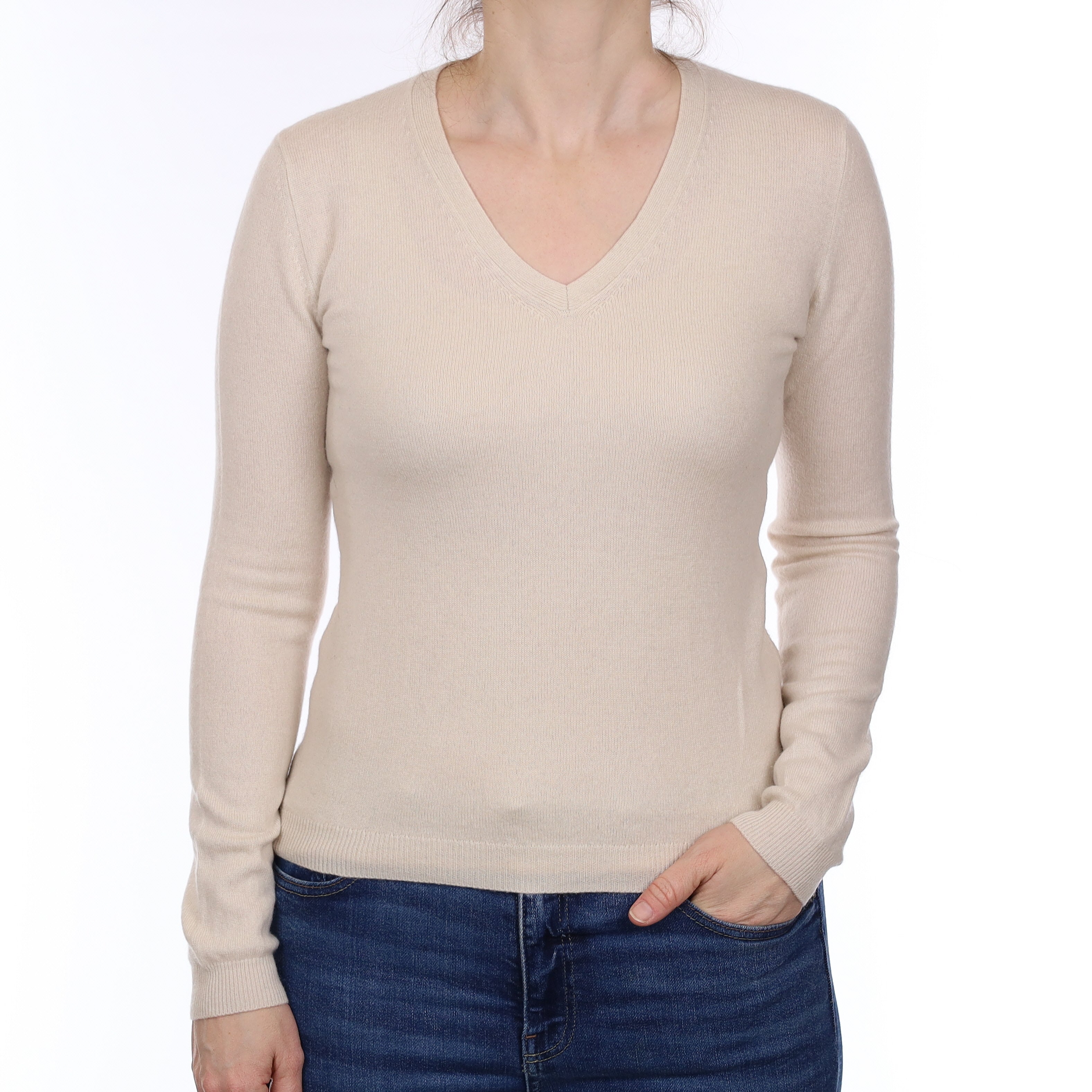 Ivory Cashmere V Neck Jumper Small