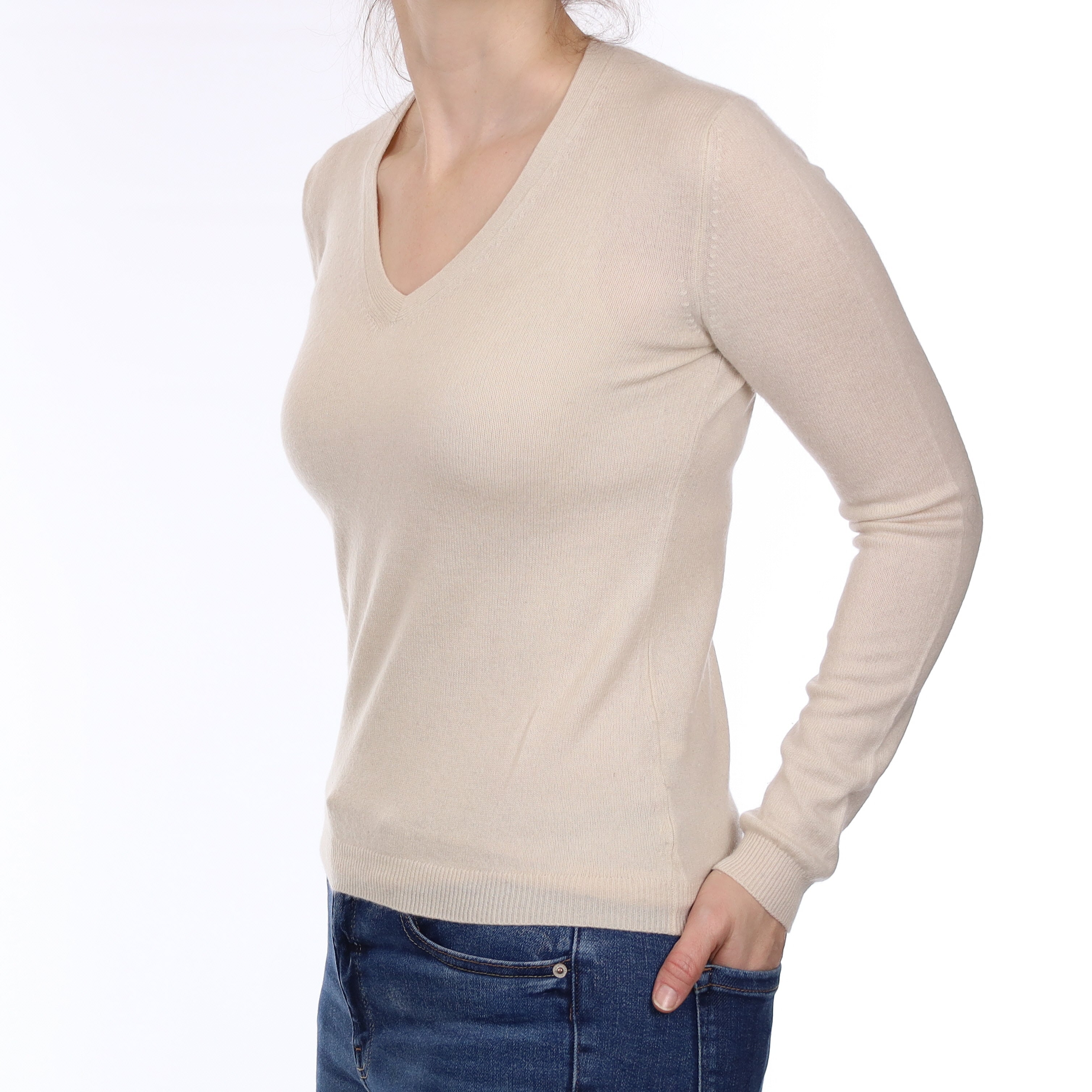 Ivory Cashmere V Neck Jumper Small