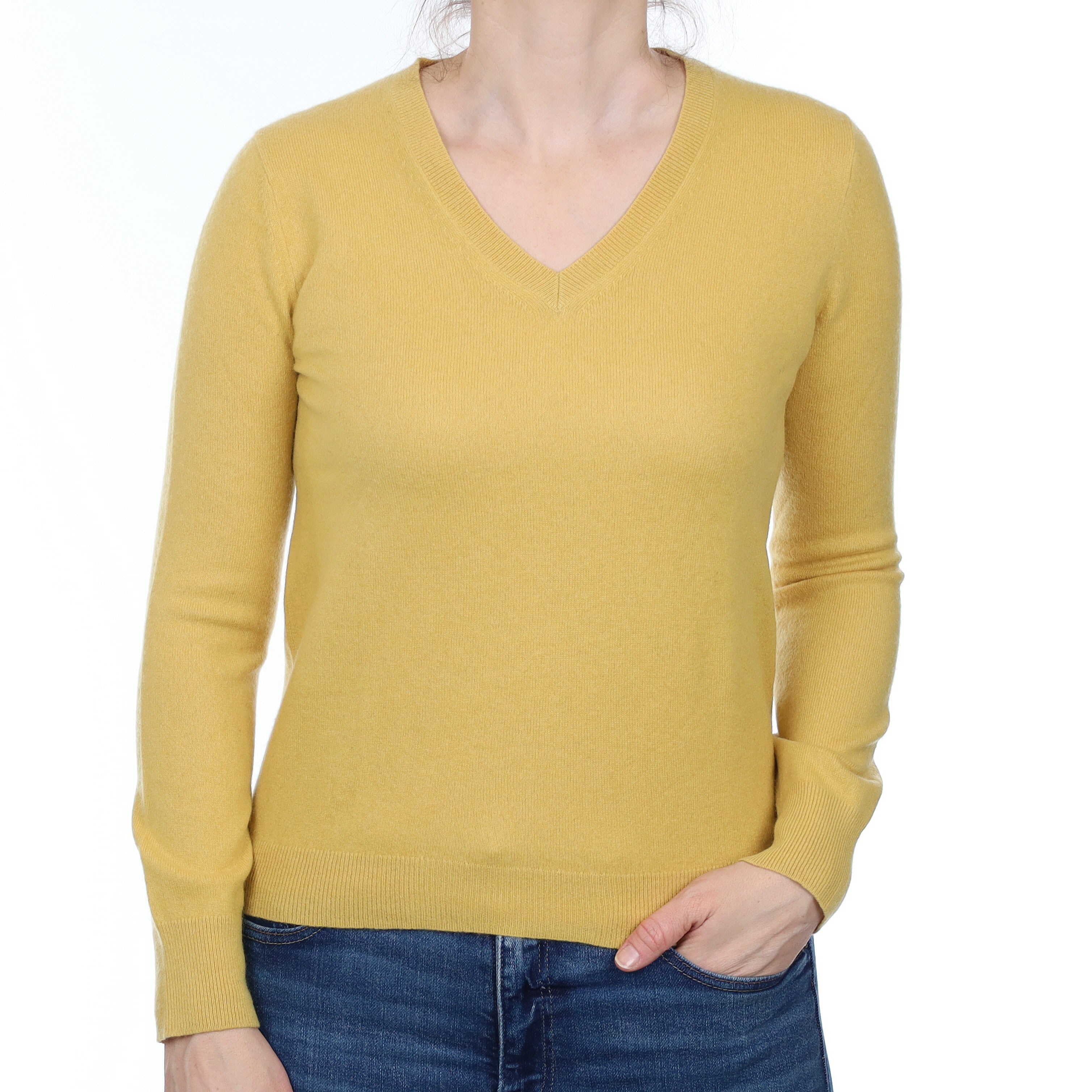 Flaxen Yellow Cashmere V Neck Jumper Small