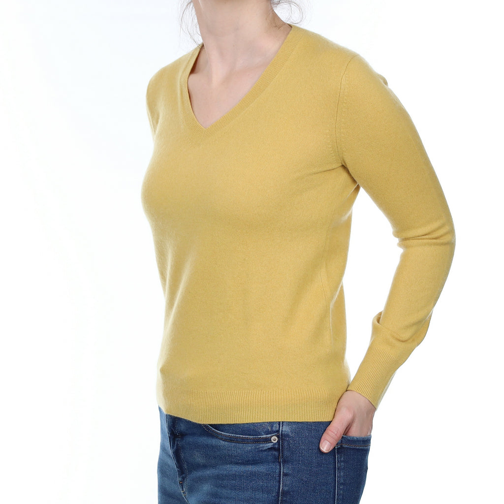 Flaxen Yellow Cashmere V Neck Jumper Small