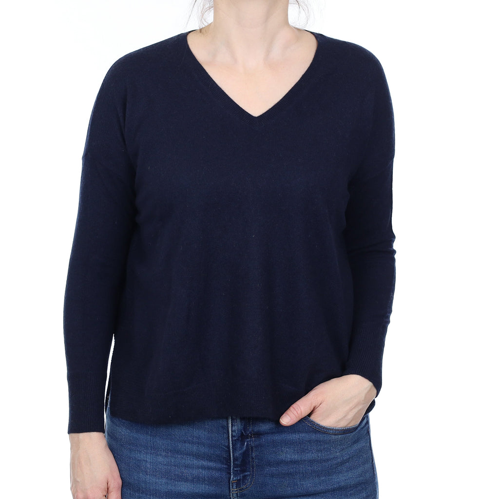 Navy Cashmere Boxy V Neck Jumper Small