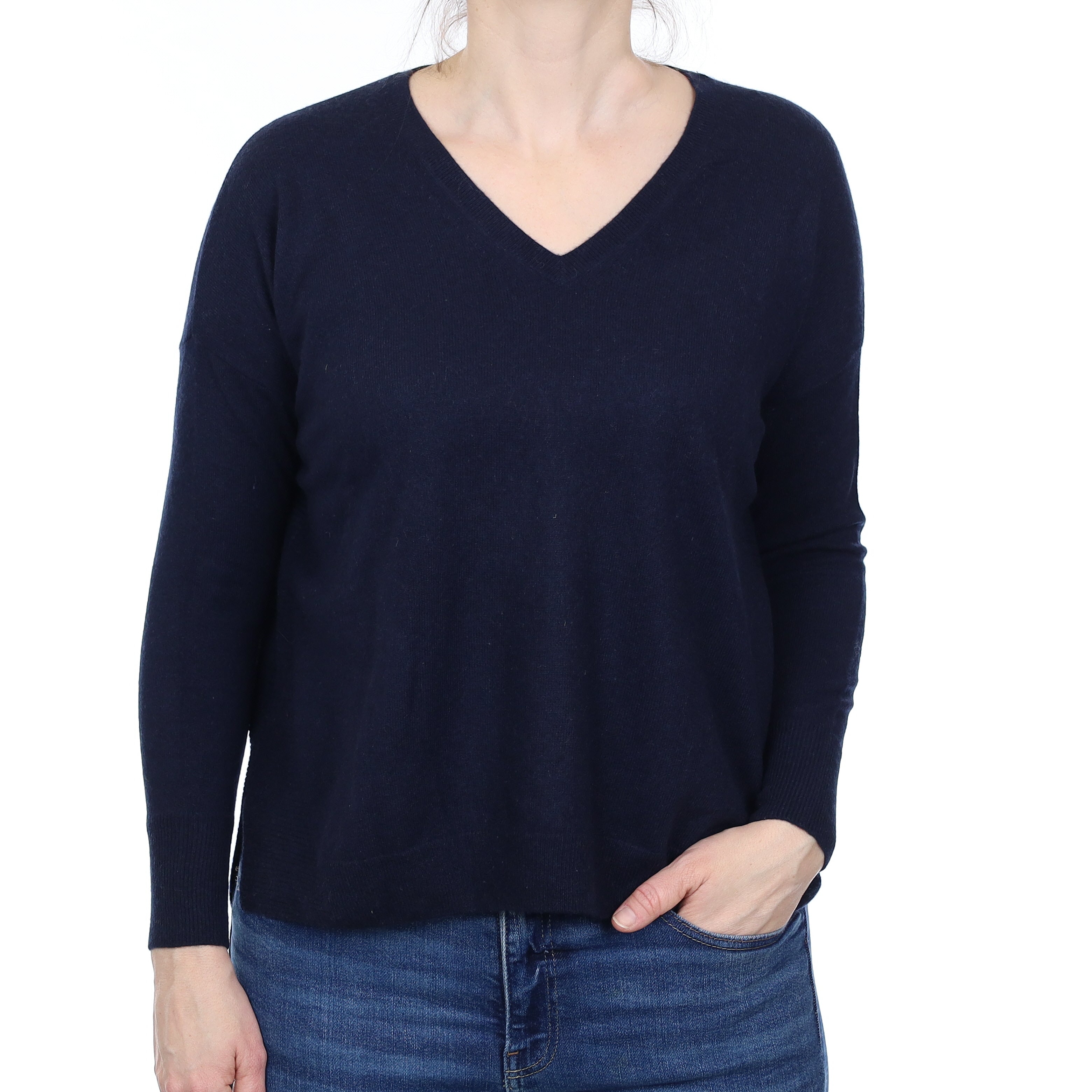 Navy Cashmere Boxy V Neck Jumper Small