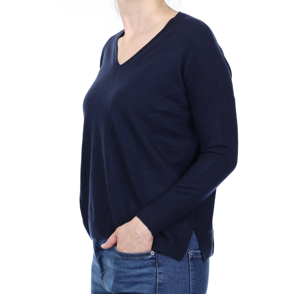 Navy Cashmere Boxy V Neck Jumper Small