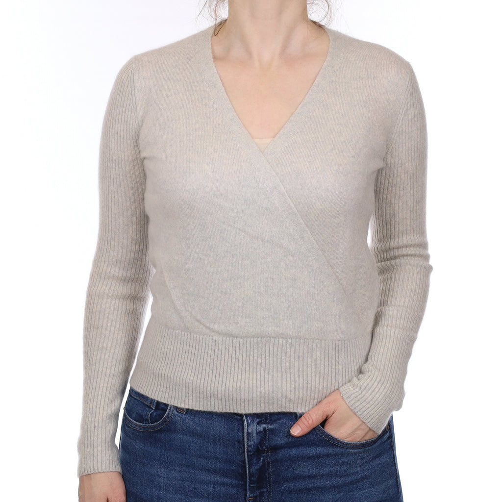 Frost Grey Cashmere Cross Over V Neck Jumper Small