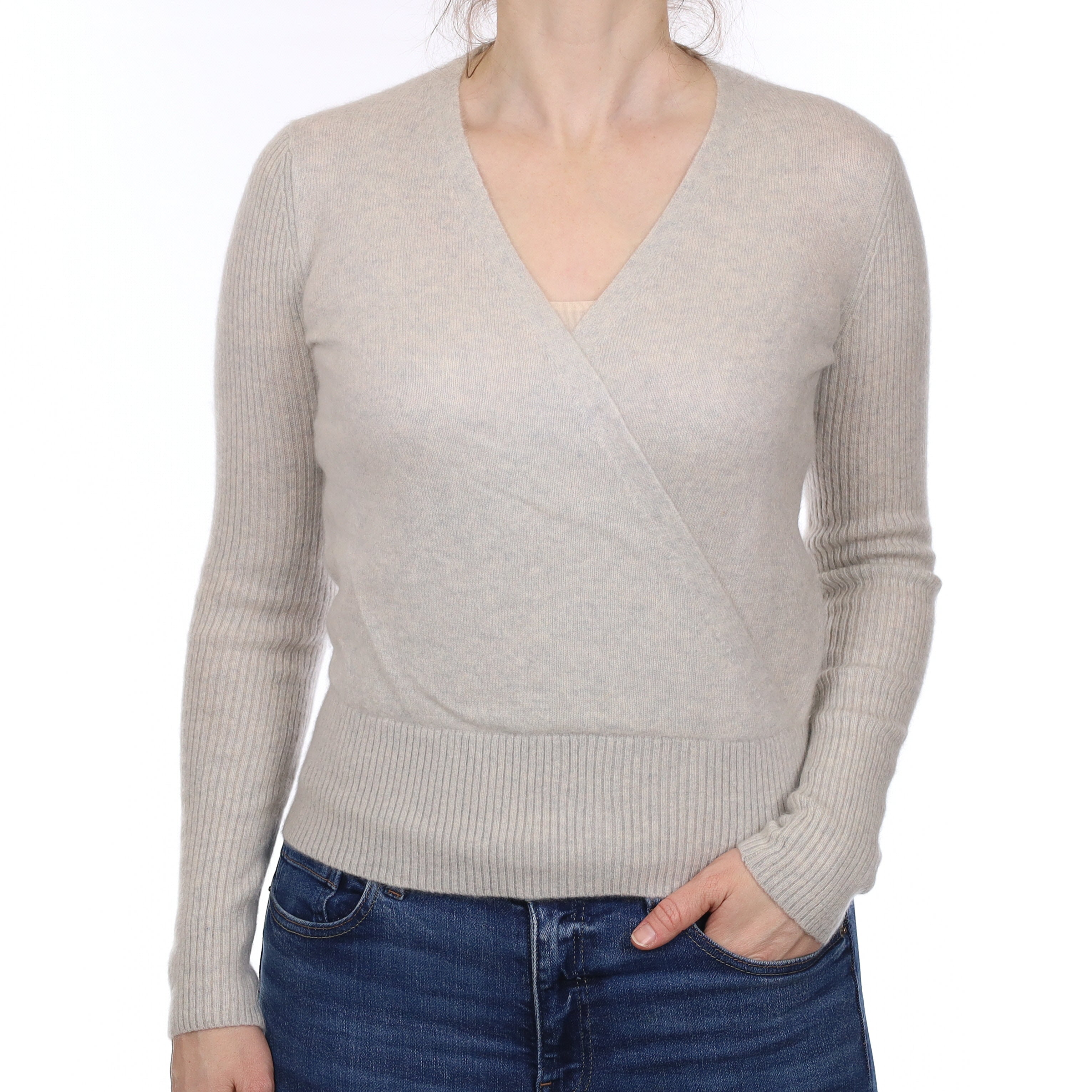 Frost Grey Cashmere Cross Over V Neck Jumper Small