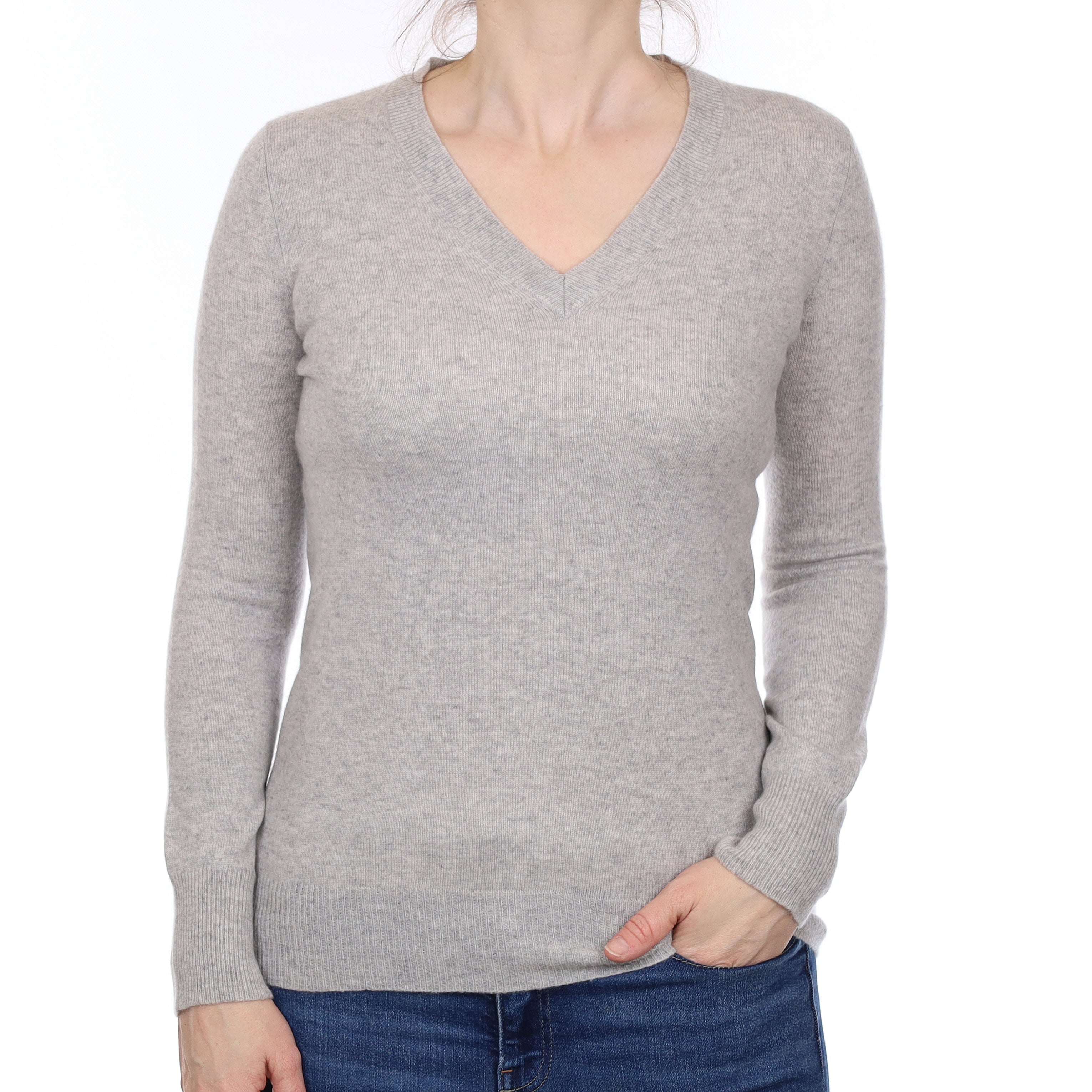 Mist Grey Cashmere V Neck Jumper Small