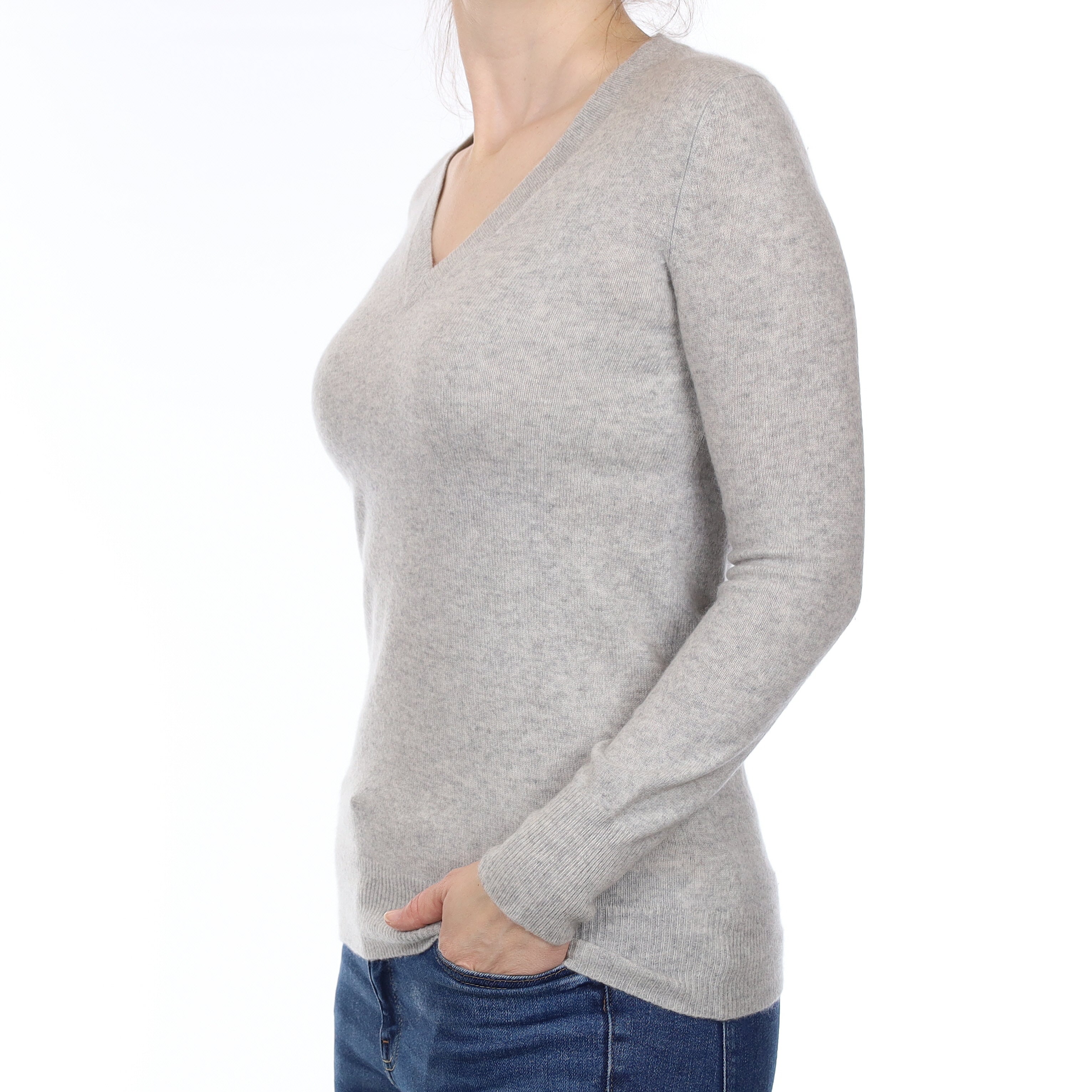 Mist Grey Cashmere V Neck Jumper Small