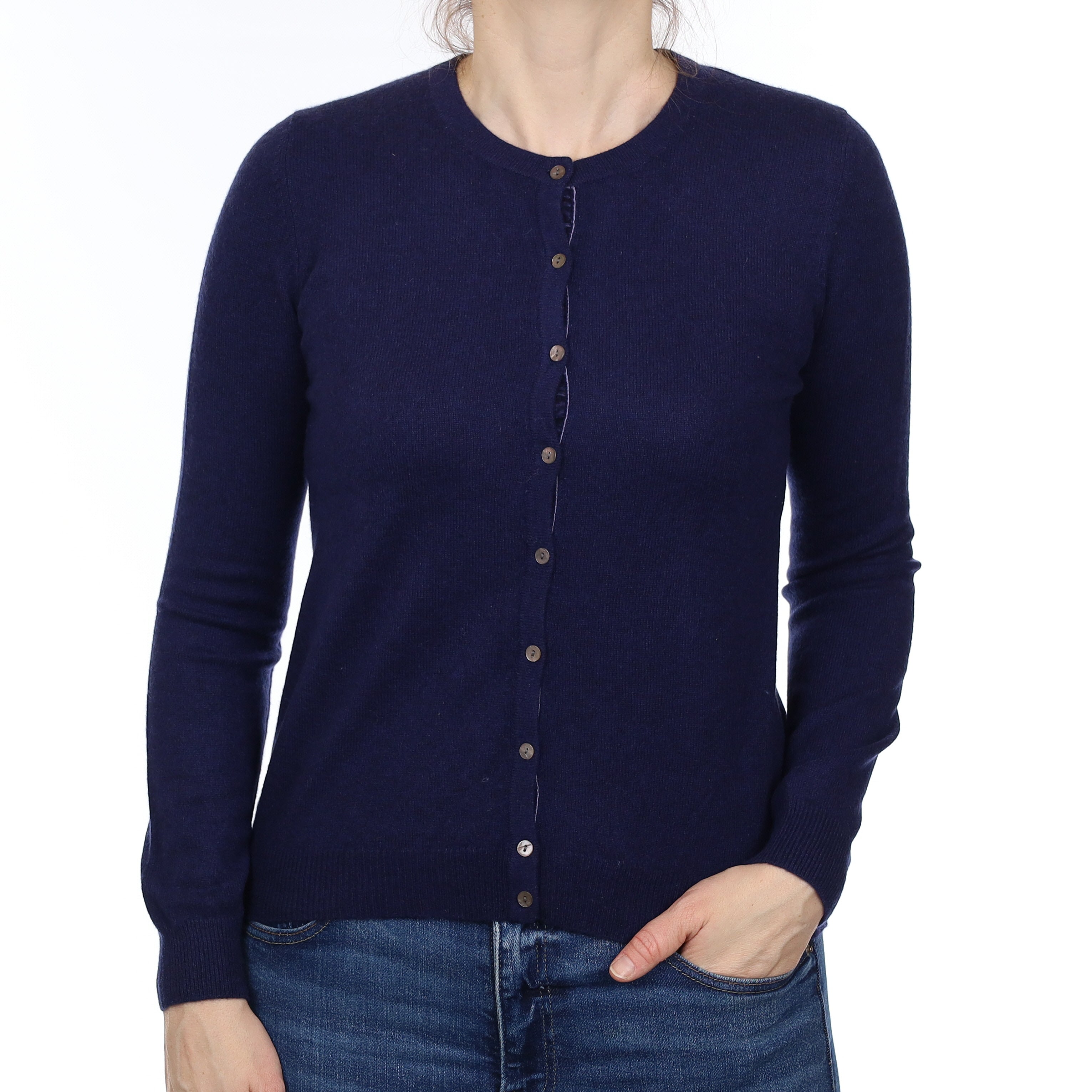 French Navy Cashmere Crew Neck Cardigan Small