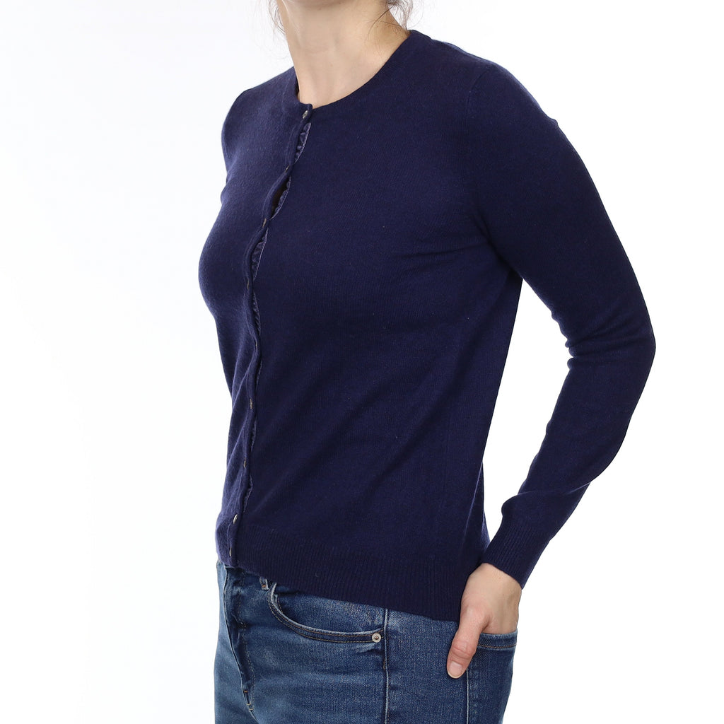 French Navy Cashmere Crew Neck Cardigan Small