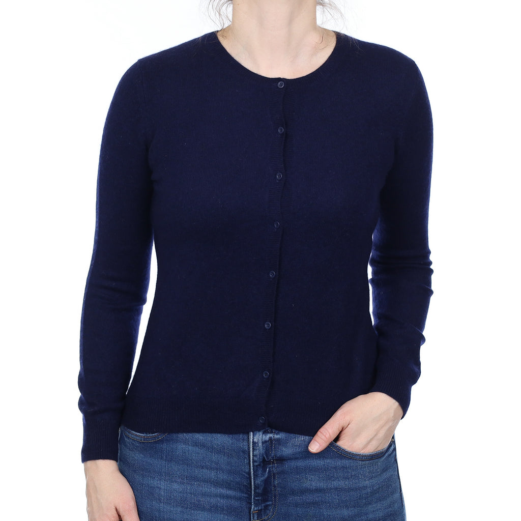 Navy Blue Cashmere Crew Neck Cardigan Small