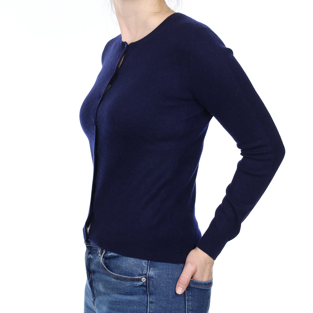 Navy Blue Cashmere Crew Neck Cardigan Small