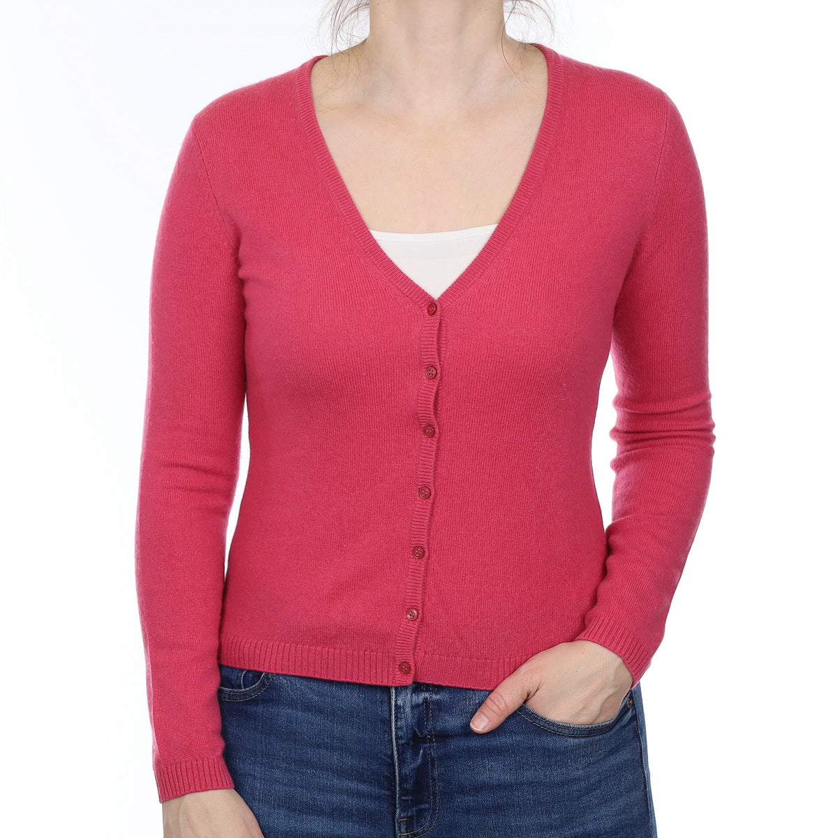 Raspberry Pink Cashmere V Neck Cardigan Small
