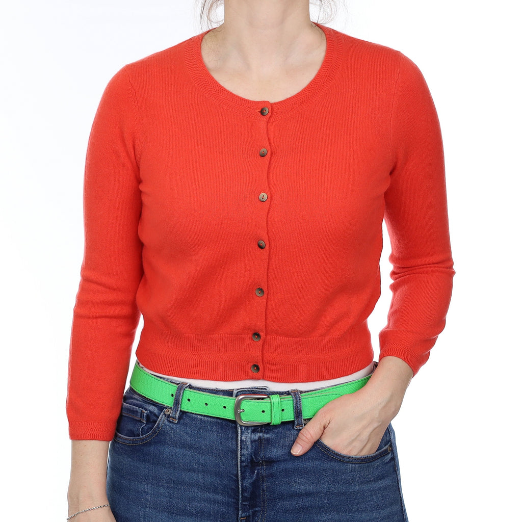 Vermillion Orange Cashmere Cropped Crew Neck Cardigan Small
