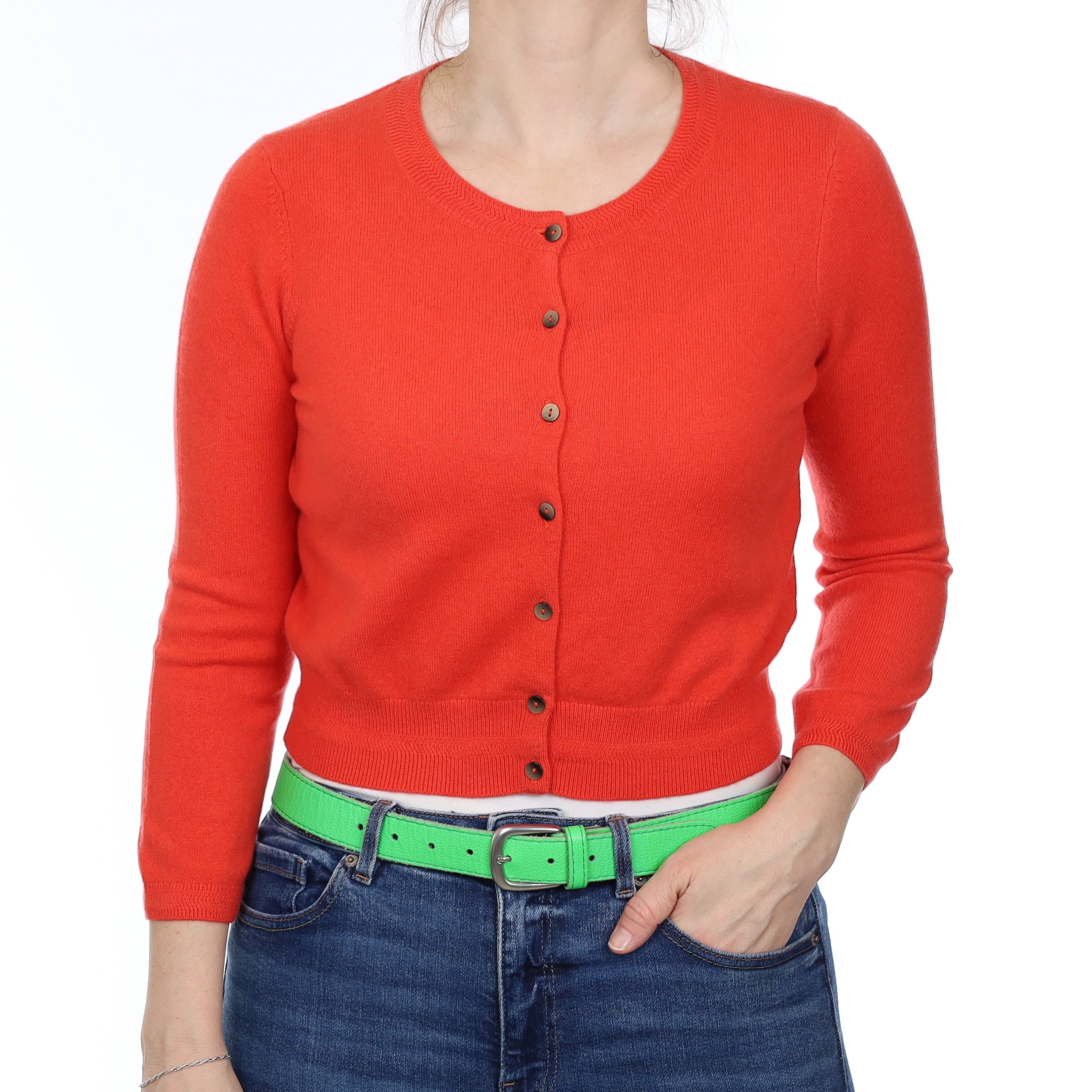 Vermillion Orange Cashmere Cropped Crew Neck Cardigan Small