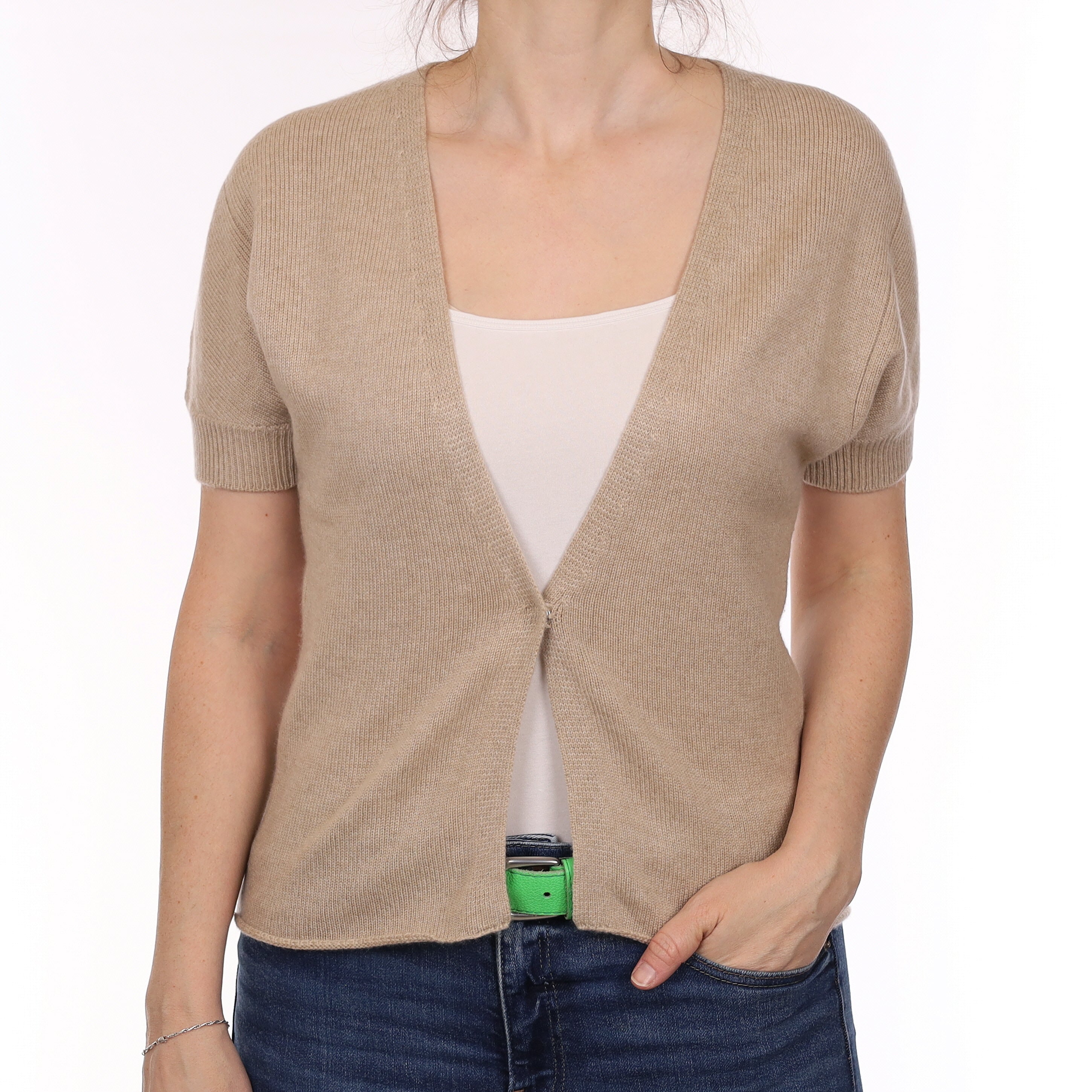 Fawn Brown Cashmere Short Sleeve V Neck Cardigan Small