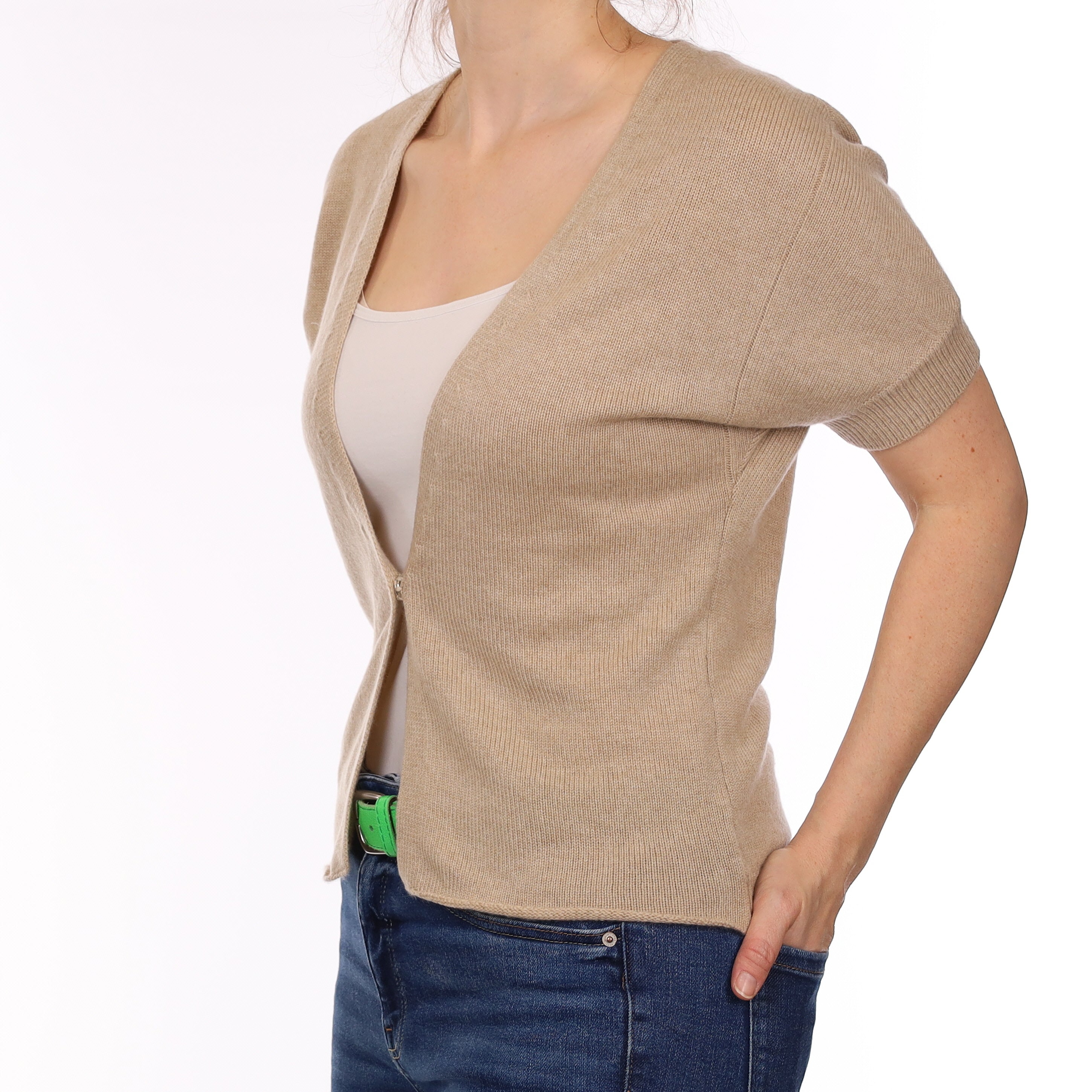 Fawn Brown Cashmere Short Sleeve V Neck Cardigan Small