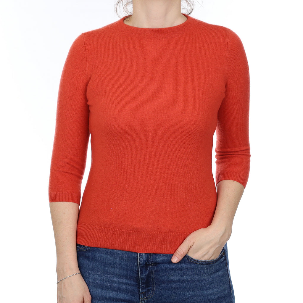 Fiery Orange Cashmere 3/4 Sleeve Crew Neck Jumper Small