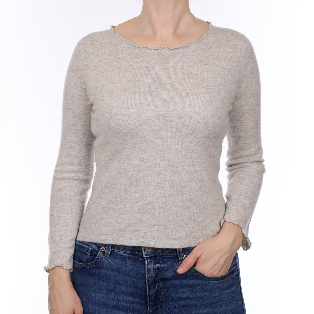 Scottish Mist Grey Cashmere Ruffle Trim Crew Neck Jumper Small