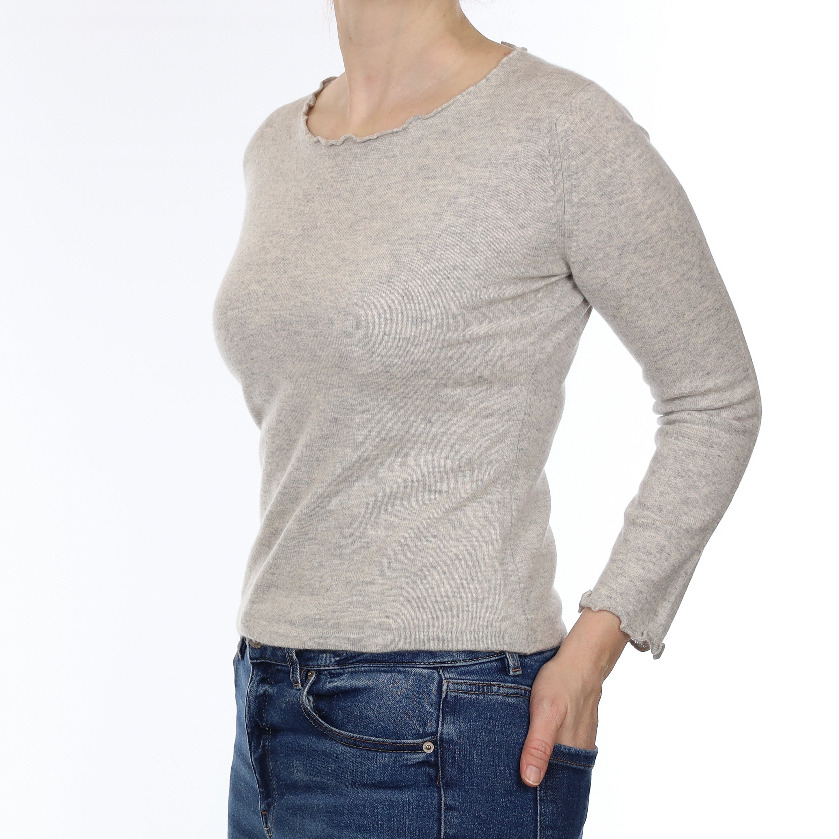 Scottish Mist Grey Cashmere Ruffle Trim Crew Neck Jumper Small