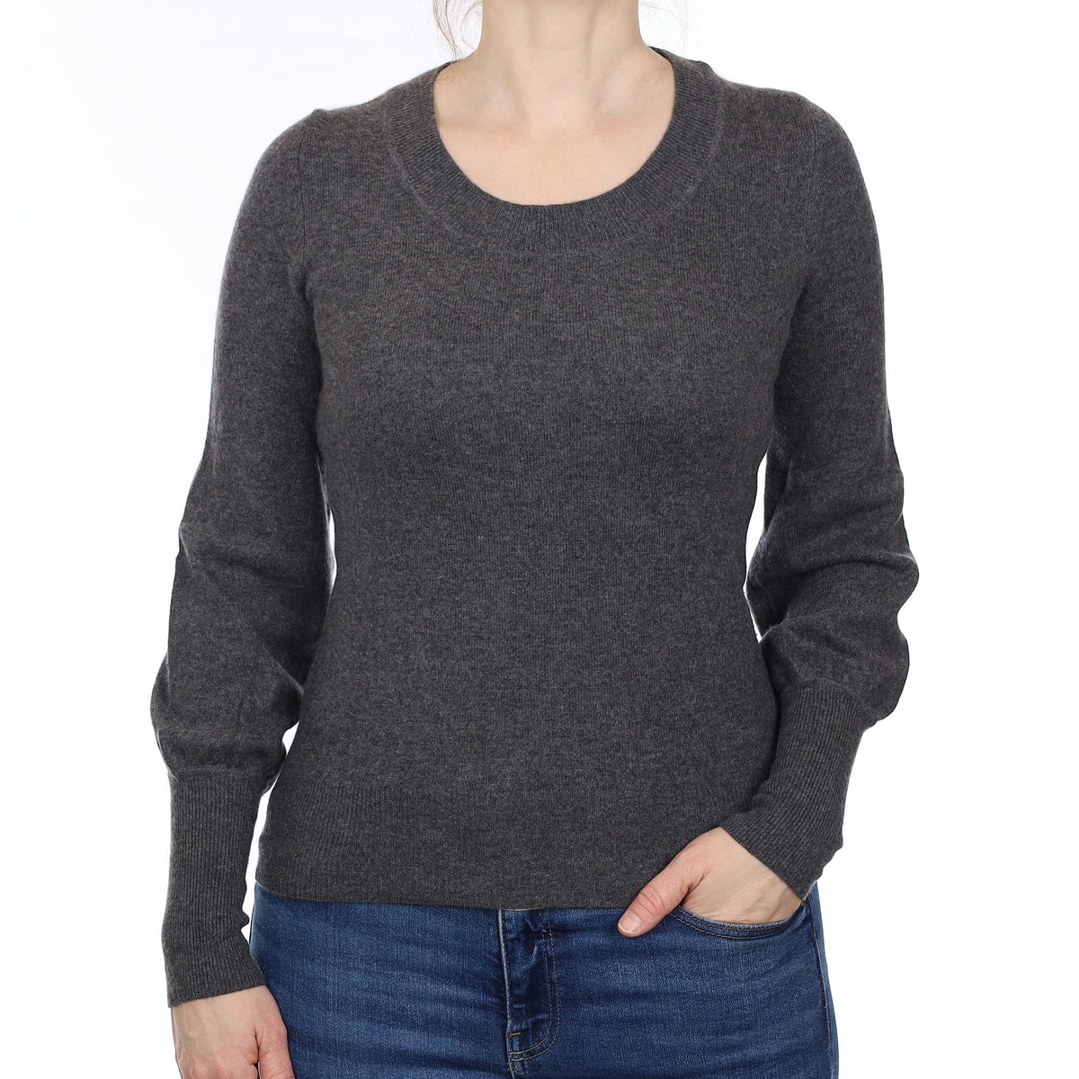 Jaeger Slate Grey Cashmere Blouse Sleeve Scoop Neck Jumper Small