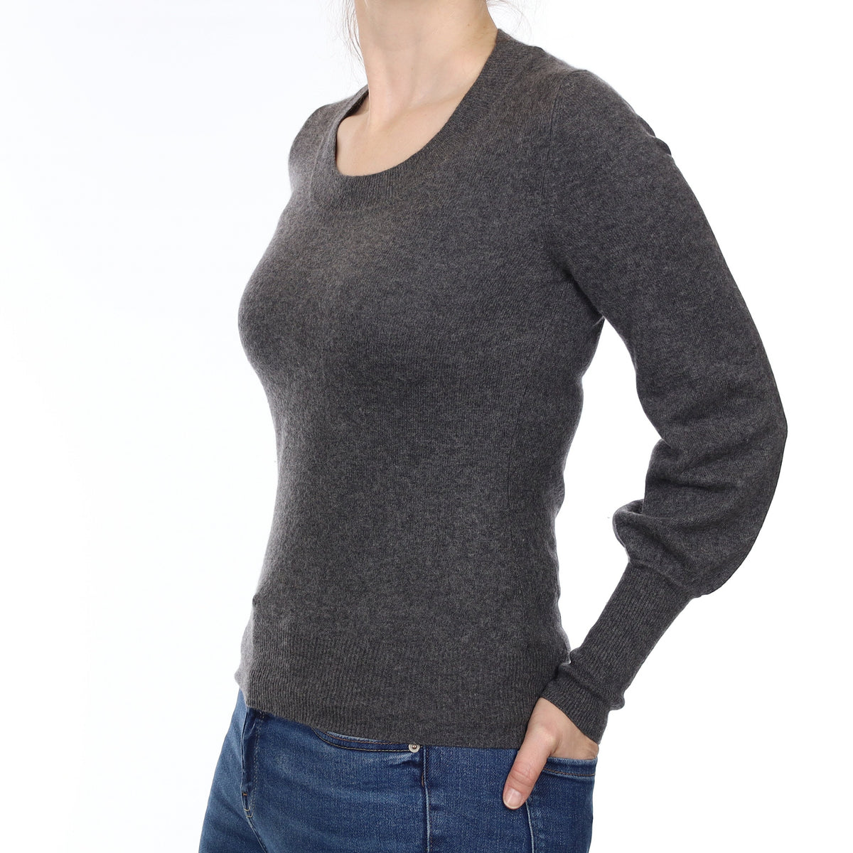Jaeger Slate Grey Cashmere Blouse Sleeve Scoop Neck Jumper Small