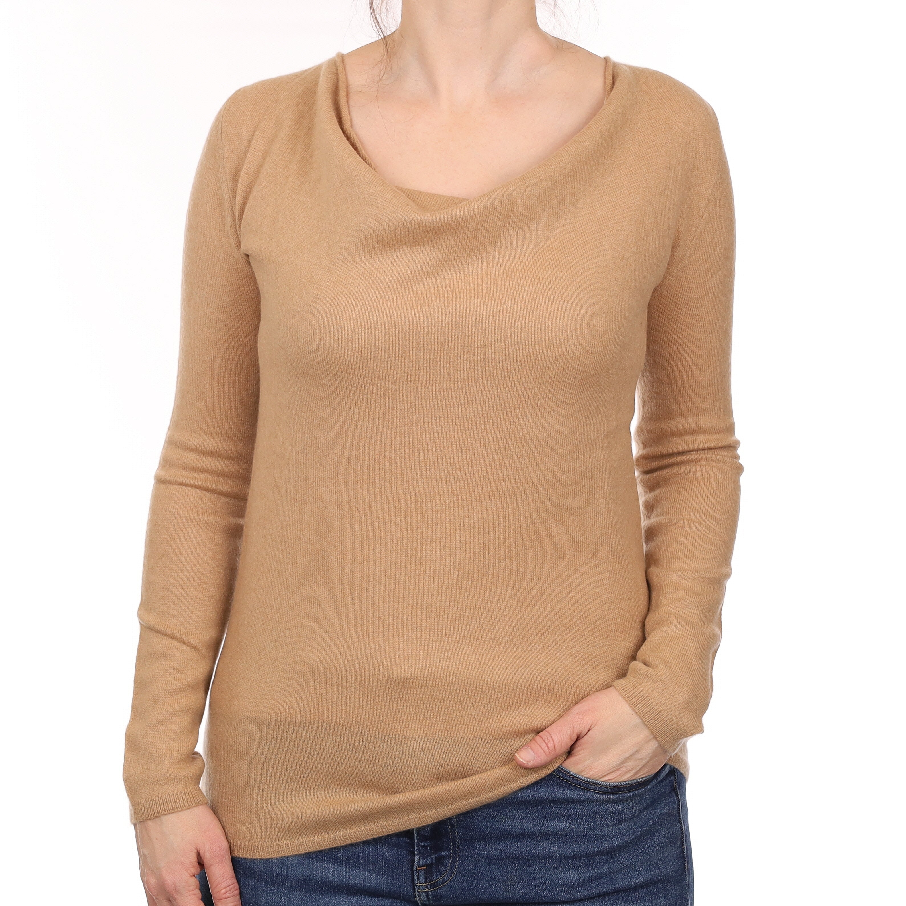 Camel Brown Cashmere Drape Neck Jumper Small