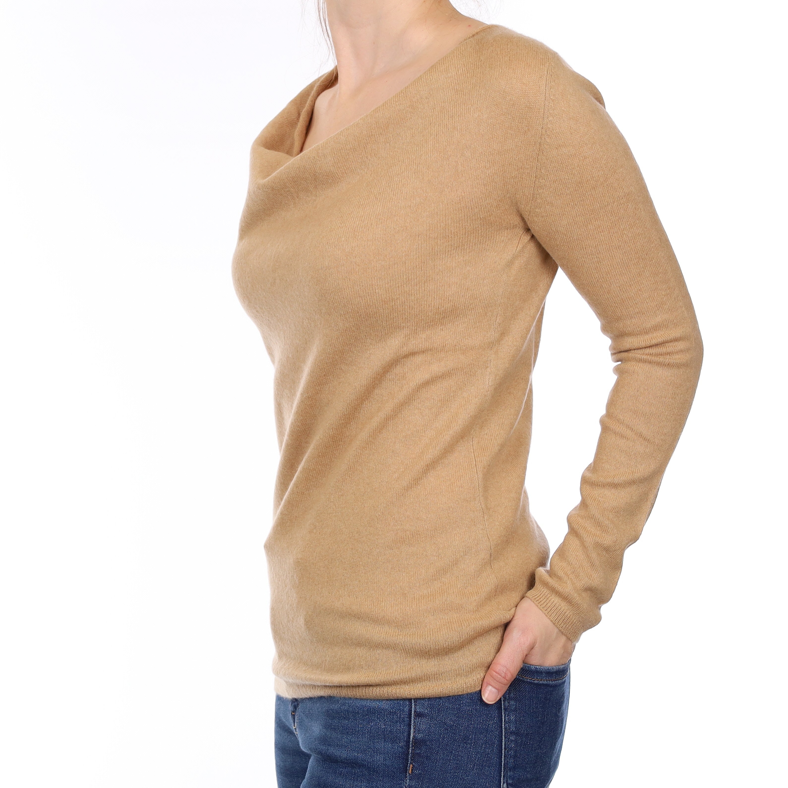 Camel Brown Cashmere Drape Neck Jumper Small