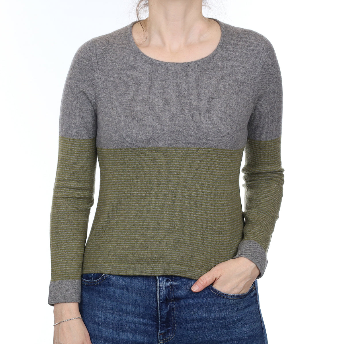 Grey and Olive Green Stripe Cashmere Crew Neck Jumper Small