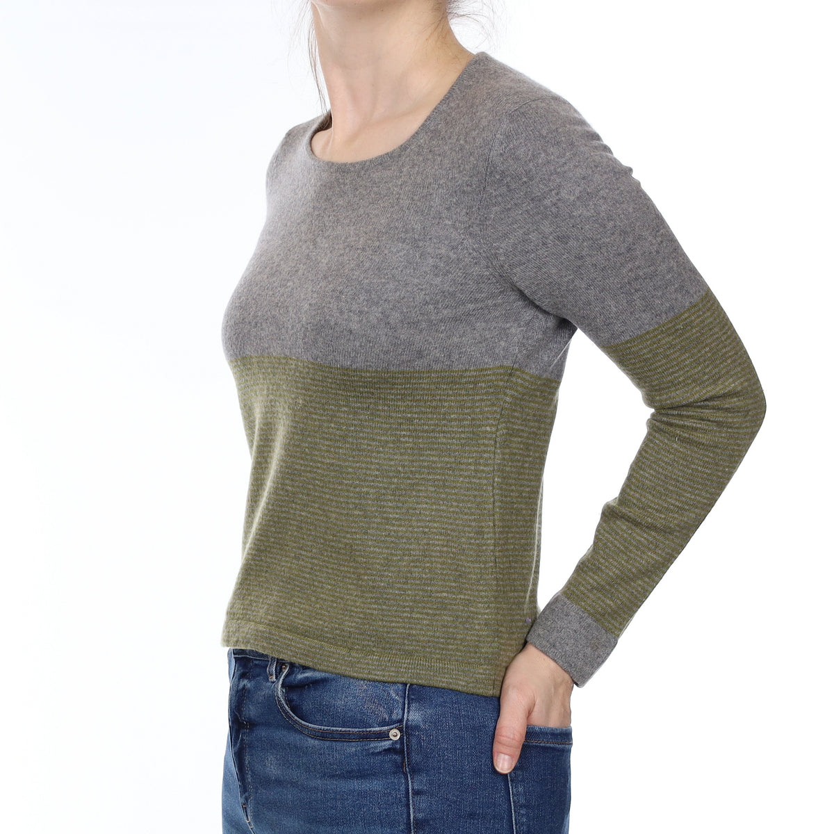Grey and Olive Green Stripe Cashmere Crew Neck Jumper Small