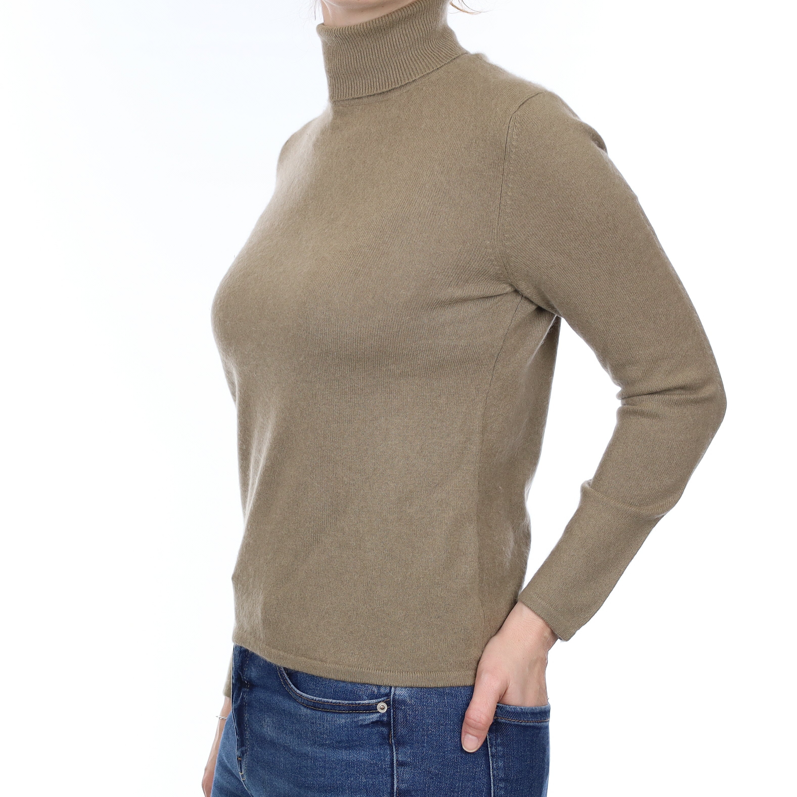 Khaki Green Cashmere Polo Neck Jumper Small
