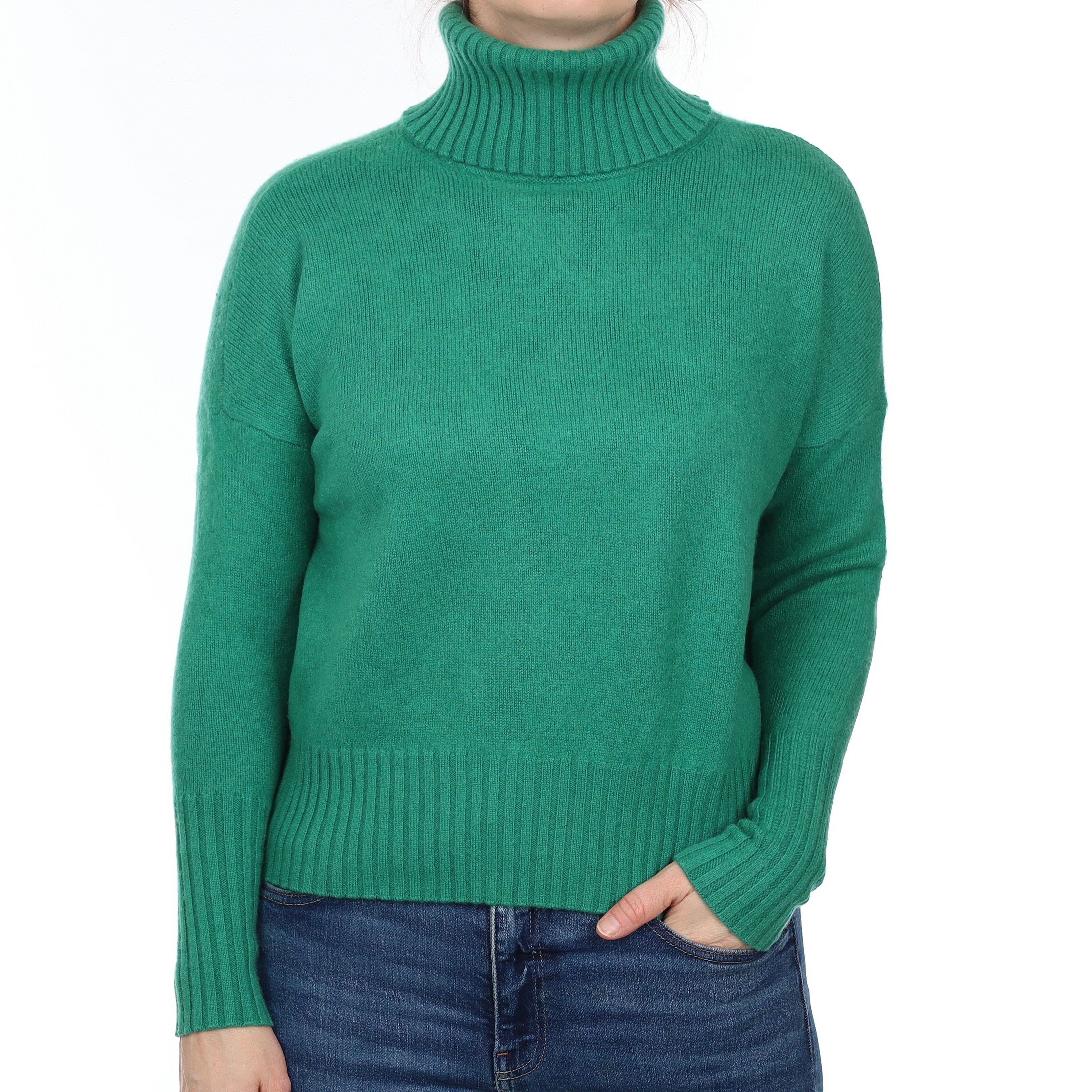 Peacock Green Chunky Cashmere Polo Neck Jumper Small